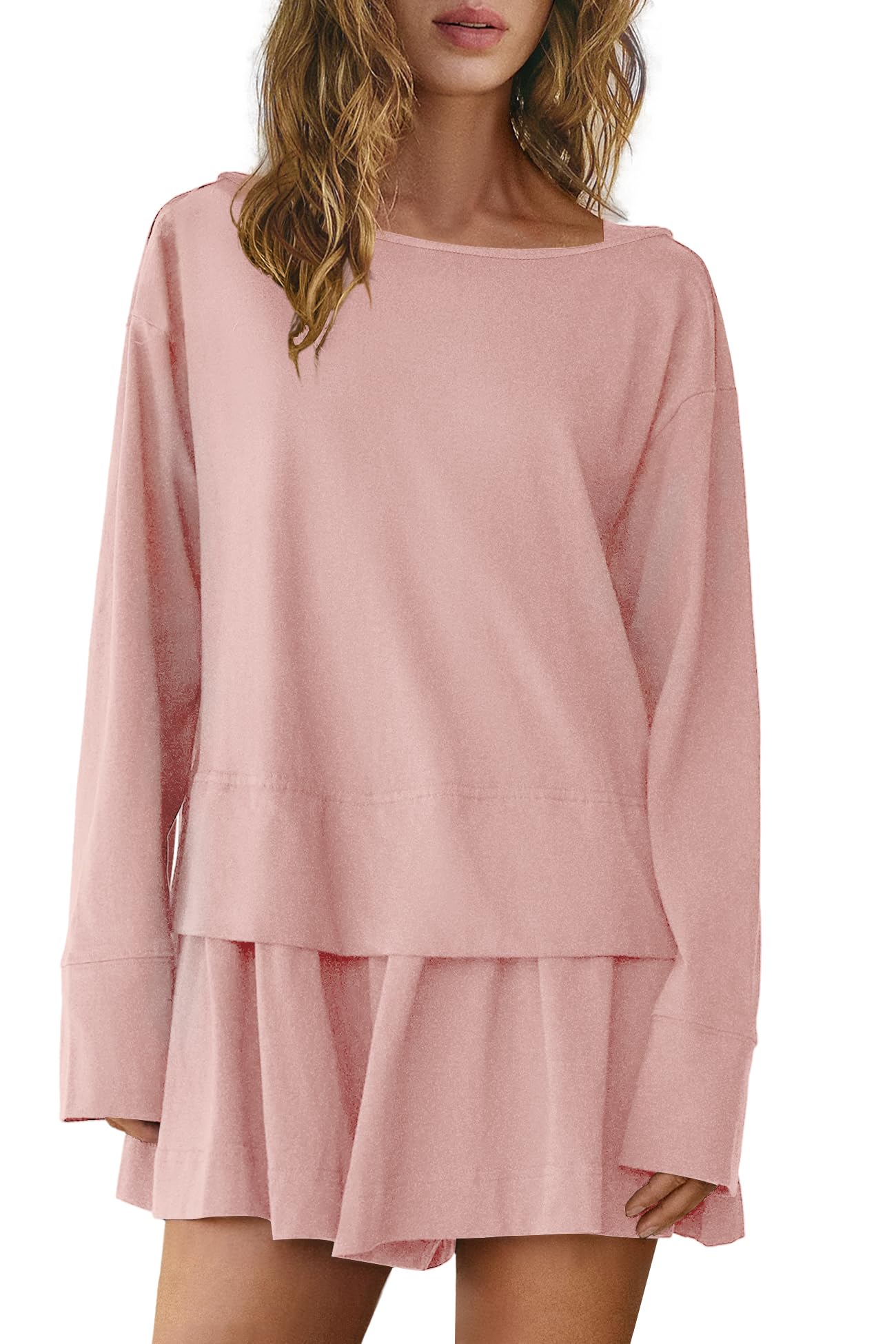 Panadila Womens Long Sleeve Short Romper Dresses Crewneck Oversized One Piece Jumpsuit Open Back Layered Casual Outfit