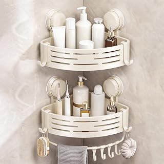Corner Shower Caddy, ABS Suction Cup Shower Caddy, White 2pcs | Corner Shower Caddy Organizer, No-Drilling Shower Shelves with Towel Bar and Detachable Hooks for Bathroom
