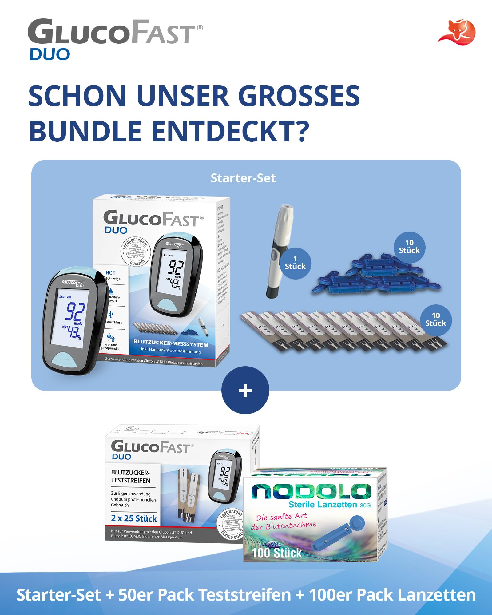 Duo Blutzuckermessgerät (mg/dL) Set mit 60 Teststreifen & 10 Lanzetten | Zertifiziertes Diabetes-Messsystem mit hoher Genauigkeit | Leichte Anwendung