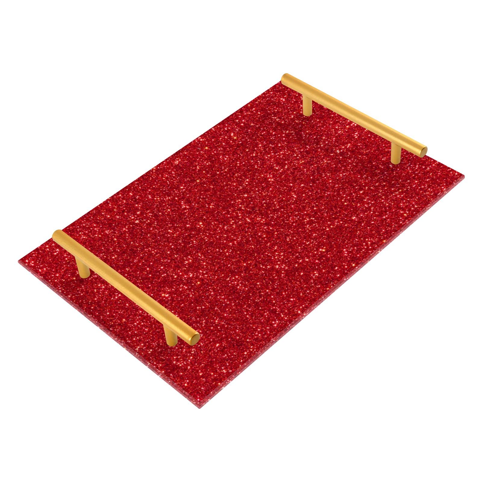 Red Glitter Vanity Tray with Gold Handles Bathroom Serving Decorative Tray Perfume Jewelry Dish Organizer for Dresser Bedroom Kitchen