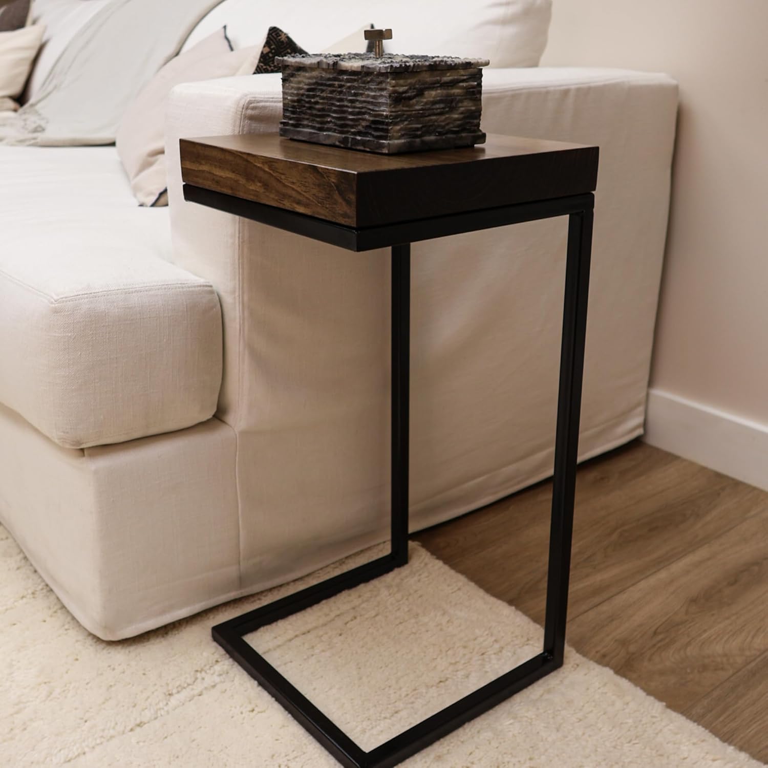 Urbandi C Shape Rustic Side Table for Living Room Couch Tray, Nightstand for Bedroom, End Table, Made in USA from Solid Pine Wood and Strong Metal Base, Comes Fully Assembled (Black/Jacobean)