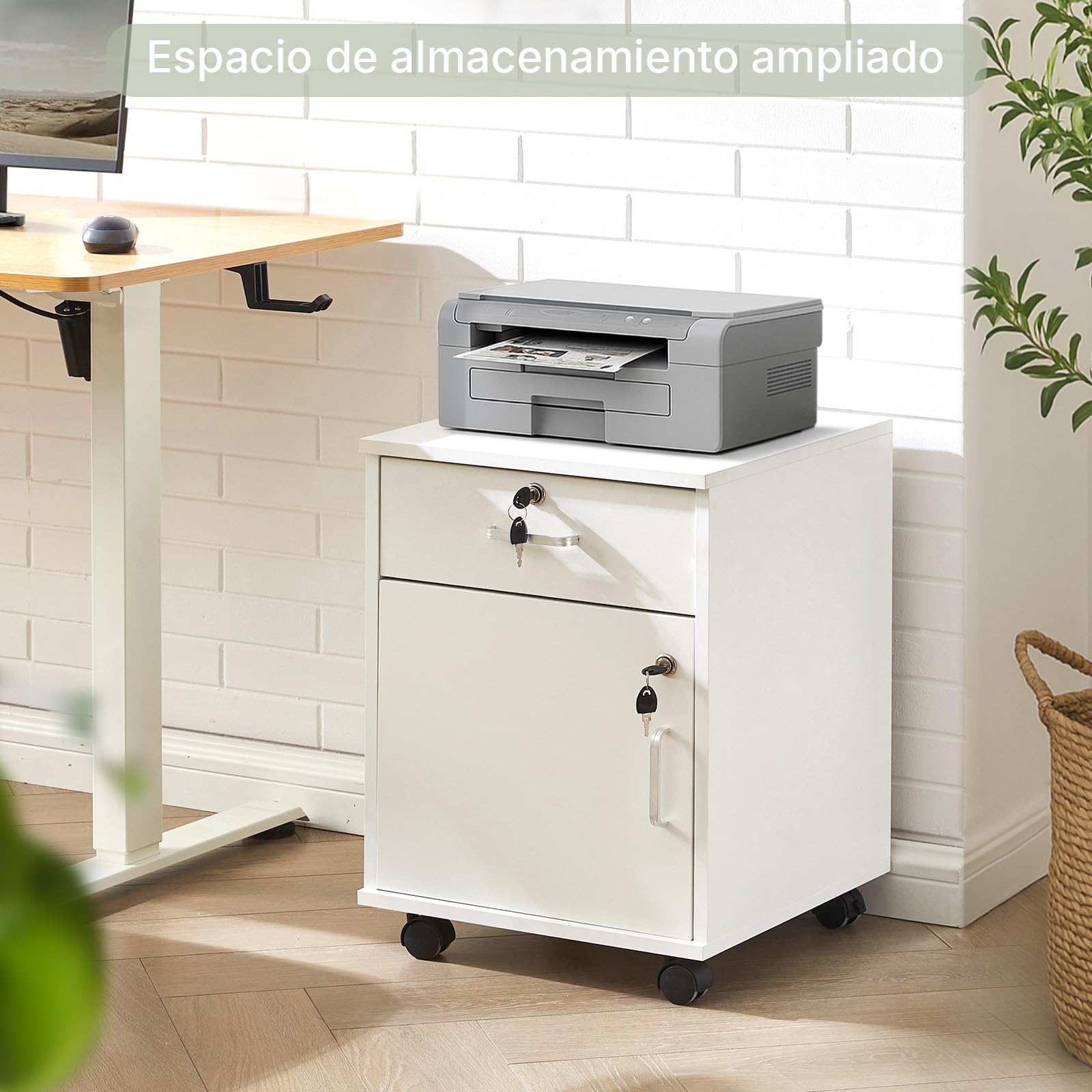 LEMROE Archivador móvil de 2 cajones con cerradura y ruedas, archivadores de madera de estilo industrial para oficina en casa (blanco, 1 cajón + 1 armario)