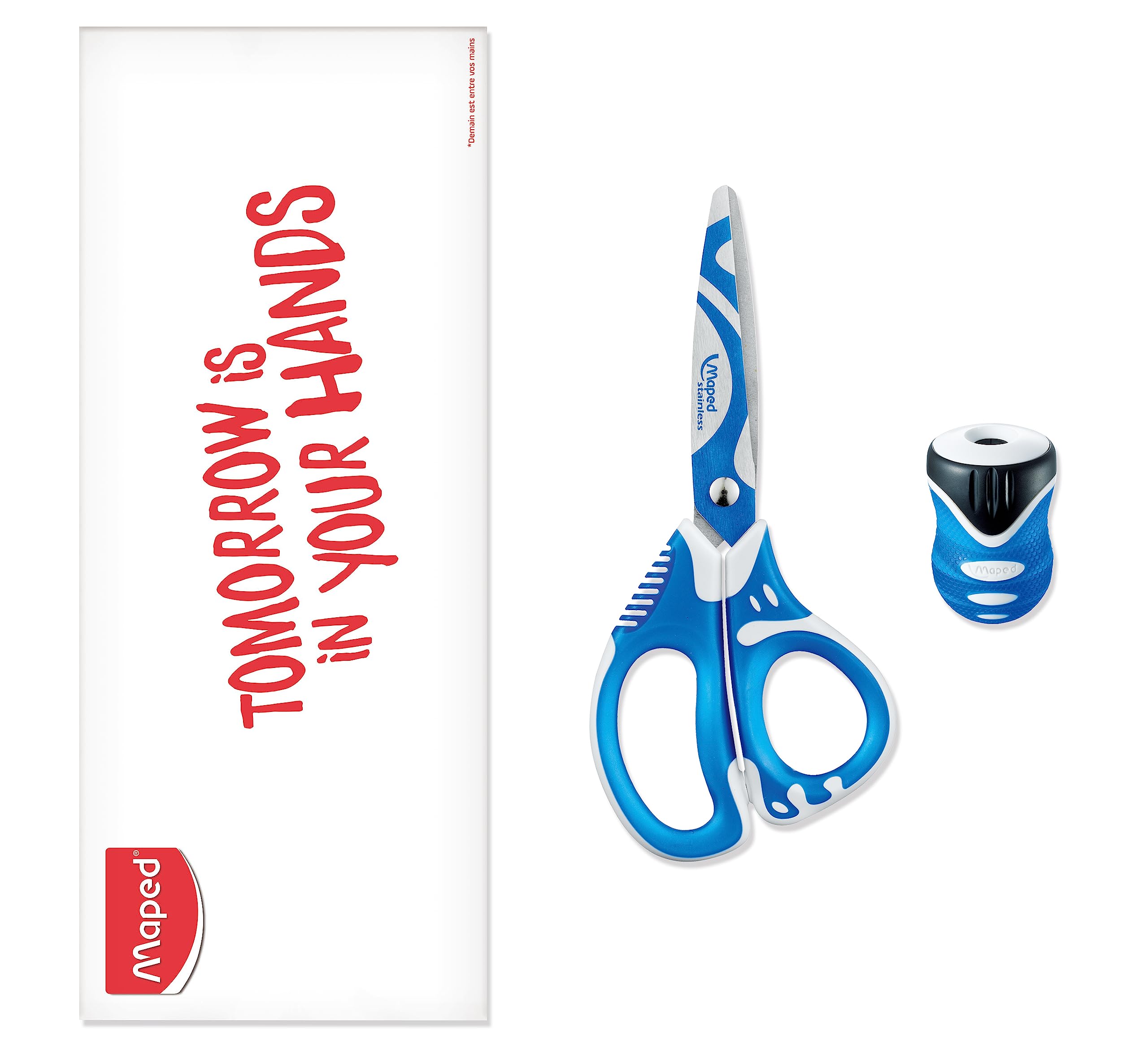 Maped Zenoa Fit - Juego de 1 tijeras con anillos flexibles y láminas amortiguadas antidolor, 13 cm y 1 cortalápices Clean Grip con depósito y 1 orificio, color azul