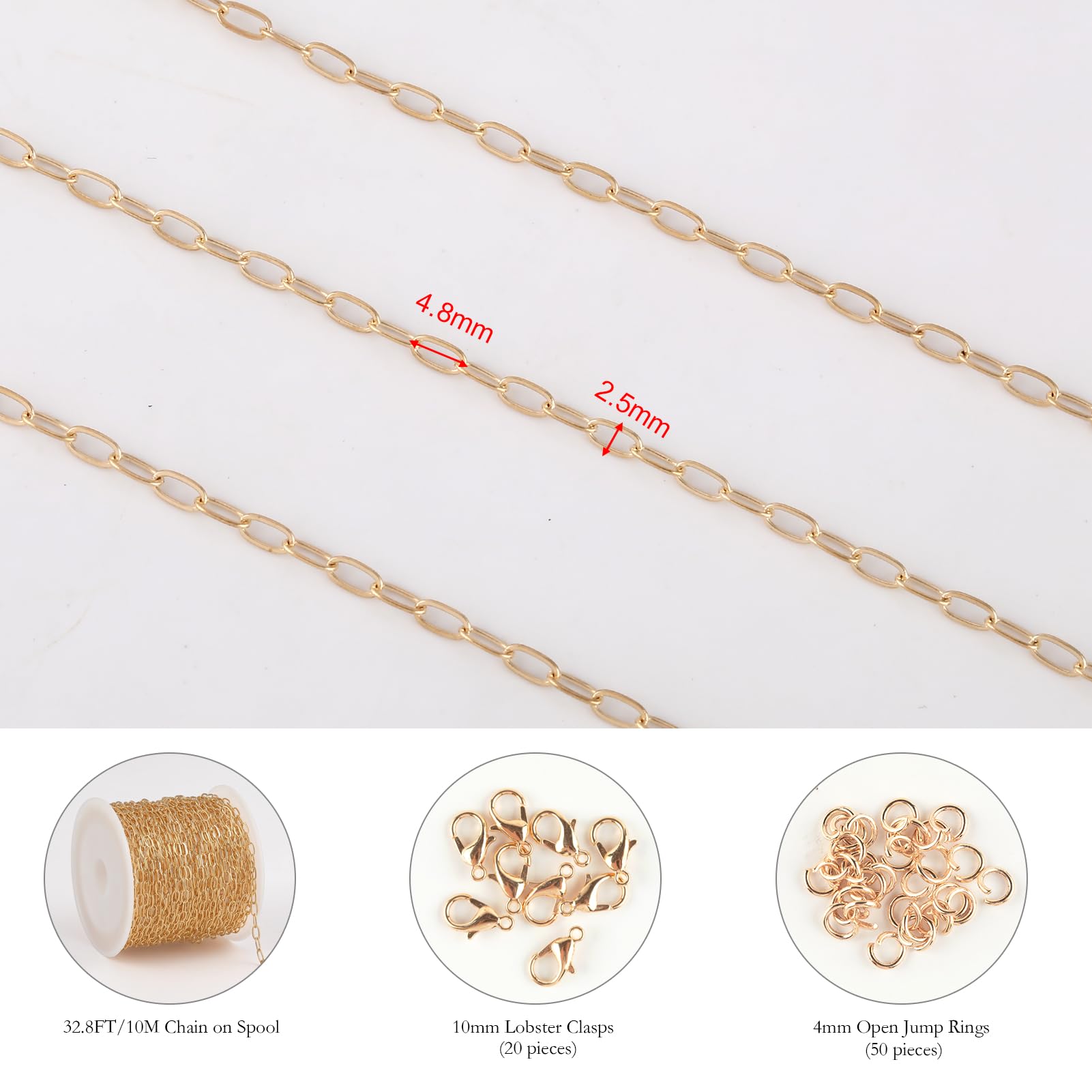 KYUNHOO 32.8FT/10M KC Gold Plated Iron Jewelry Making Chains Small Paperclip Chain Spool on Roll for Craft Making with Lobster Clasps and Jump Rings