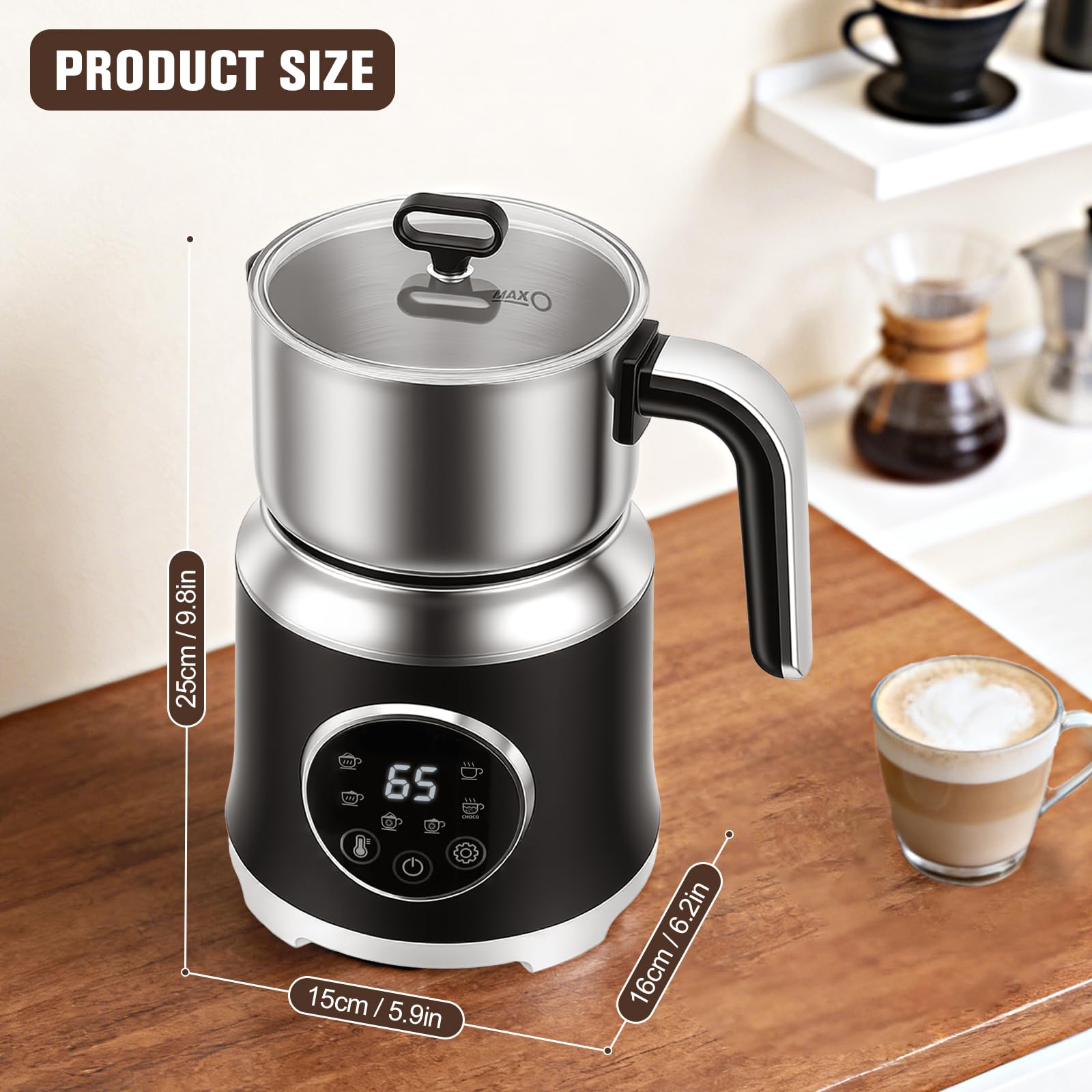 Montalatte Elettrico 6 in 1, Schiuma Latte 3 Temperature (45°C/55°C/65°C), 1.2L 800ml Acciaio Inox 304, 600W, Touch Smart, Nero, per Cappuccino Barista Home