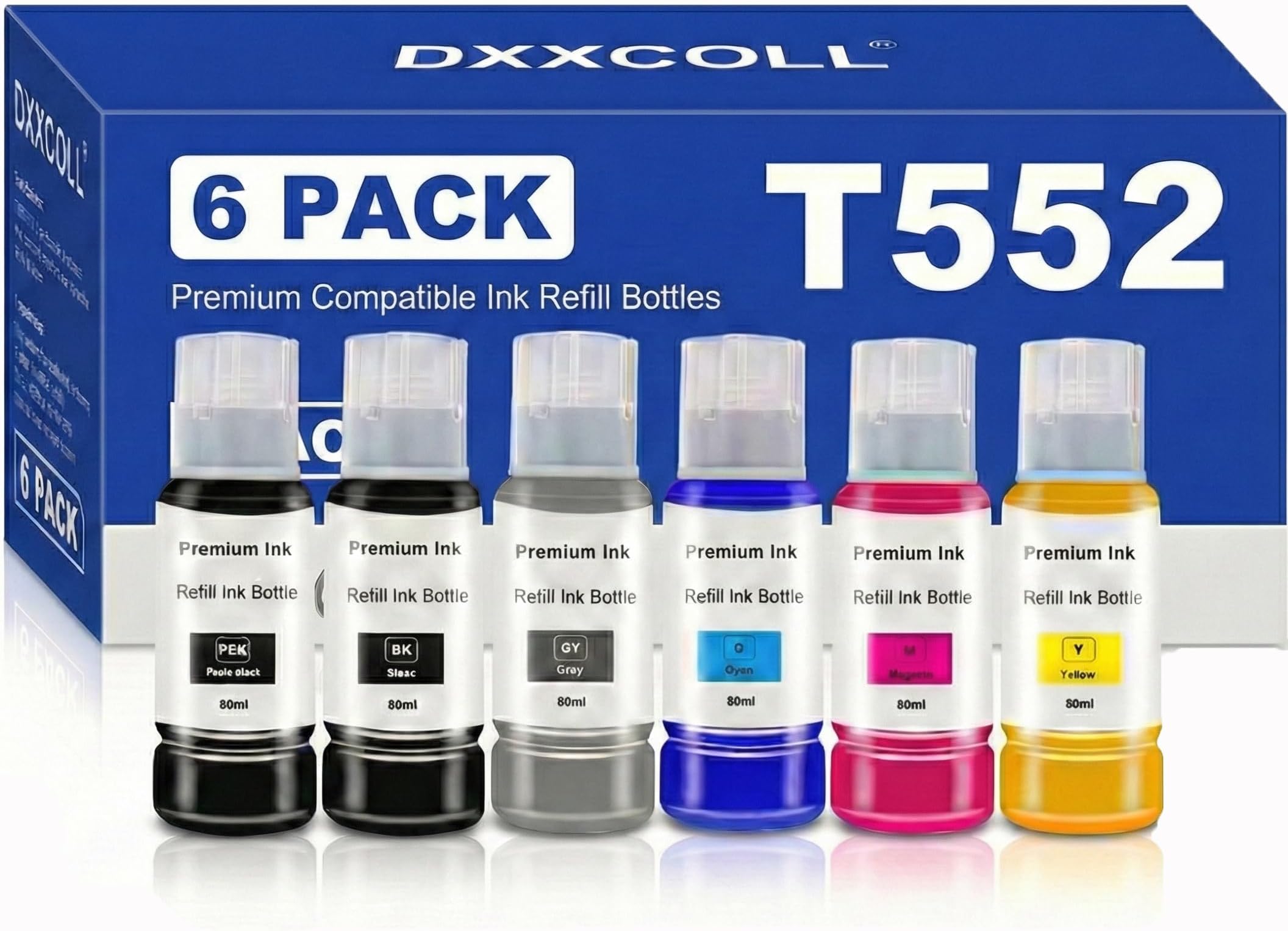6 Pack 552 Ink Refill Bottles Replacement for Ecotank Photo ET-8550 ET-8500 ET8550 ET8500 8550 8500 Printer, T552 552 Ink Refill Bottles (BK Pigment, Photo Black,Cyan, Magenta,Yellow, Gray)