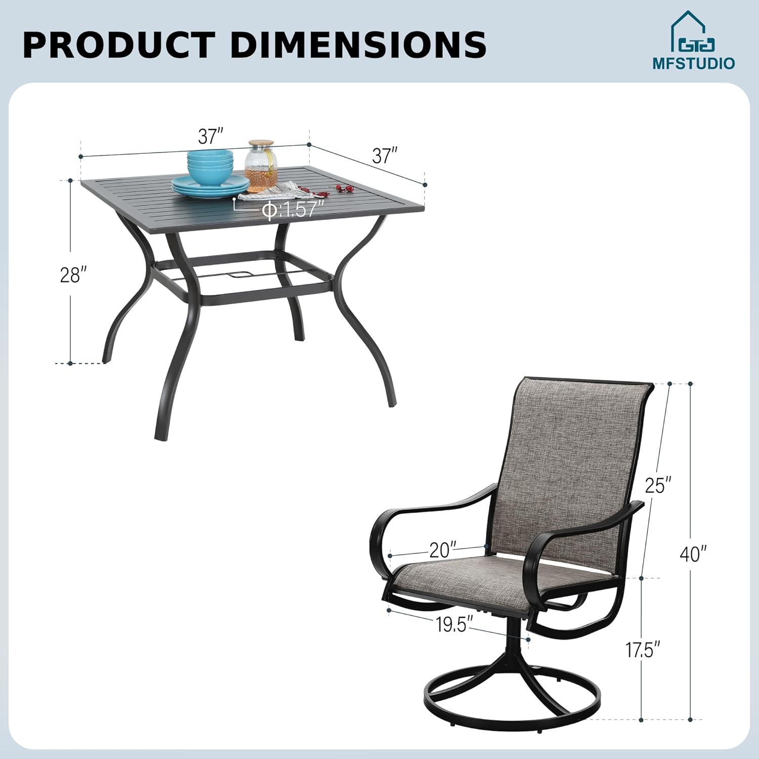 Diagram showing the dimensions of the 37-inch square metal table and a swivel chair.