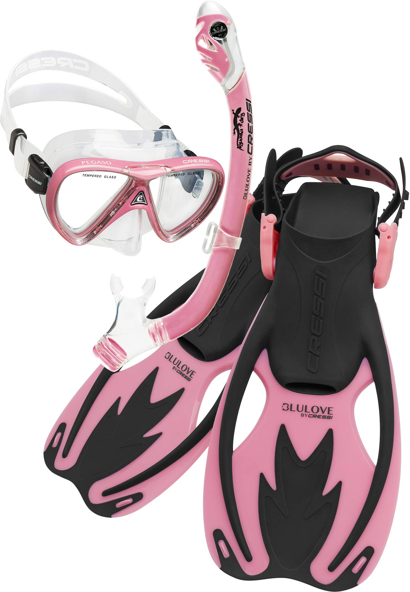 Cressi Junior Snorkeling Kit for Young Aged 3 to 10 - Mask + Dry Snorkel + Adjustable Fins + Net Bag - Lightweight Colorful Equipment - Rocks Pro Dry