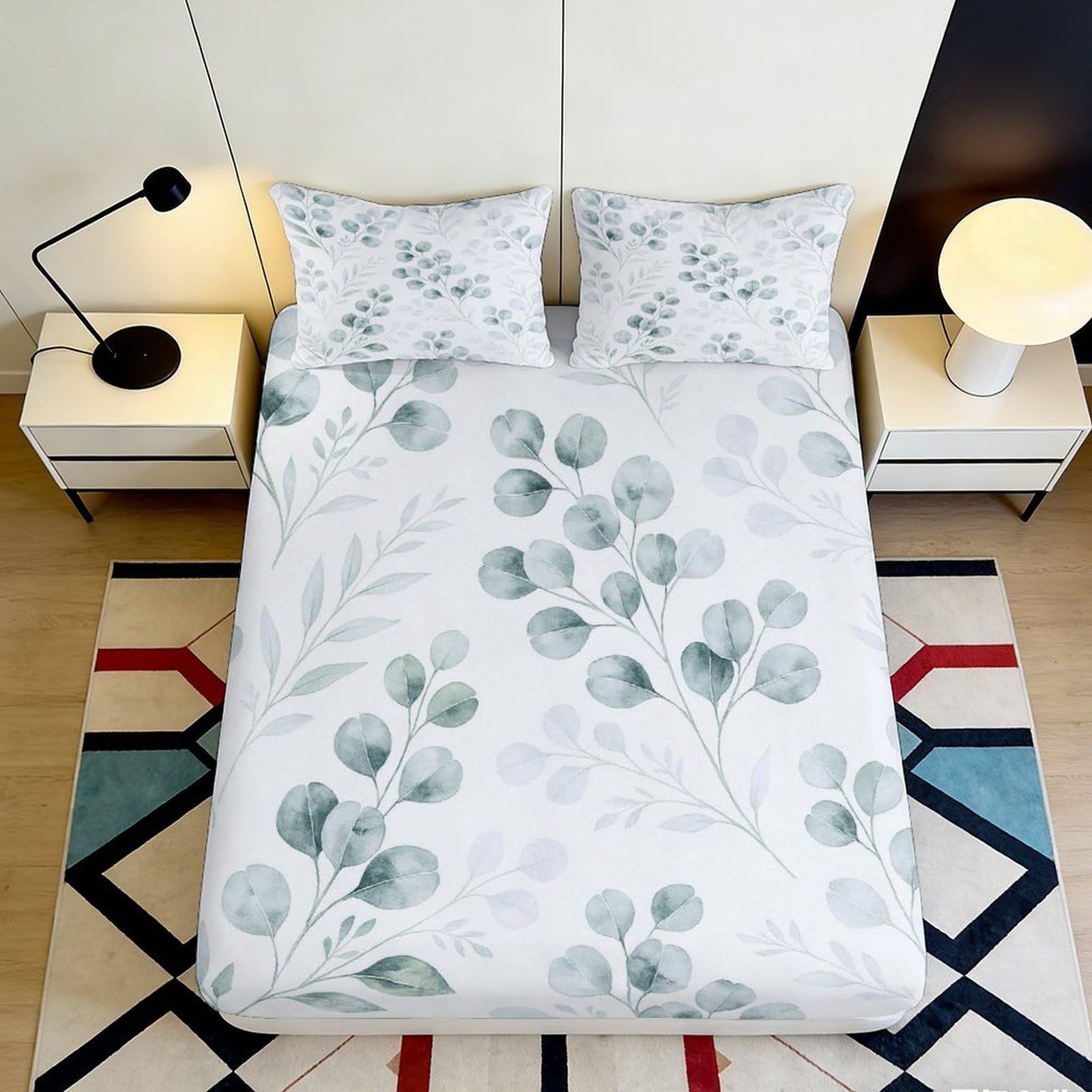 3D Printed Eucalyptus Leaf Fitted Sheet Microfiber Soft Anti-Slip Botanical Mattress Cover for Bedroom Dorm Decor 180x200x25cm