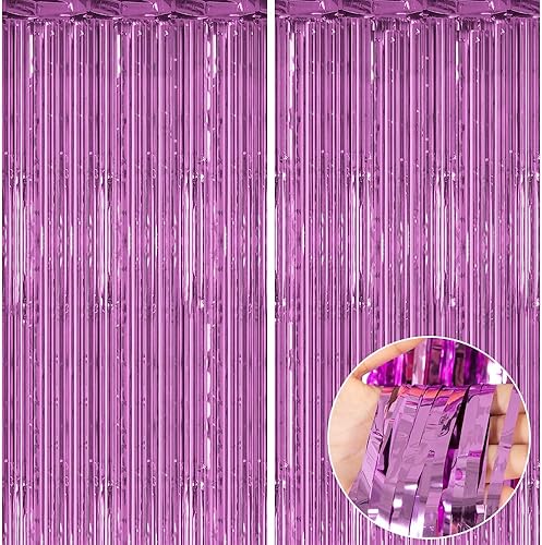 Cortina de flecos rosa de 6.6 x 6.6 pies, paquete de 2 cortinas de aluminio rosa, telón de fondo con flecos para fiestas, telón de fondo de oropel