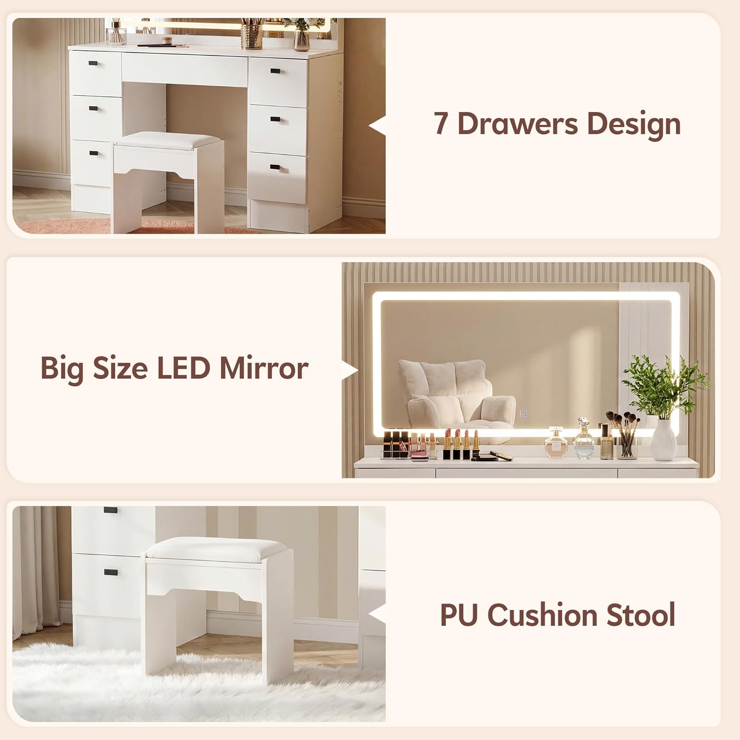 TUKAILAi 46.1" Large Vanity Desk with Mirror and LED Lights,7 Drawers & Power Outlet, White Modern Makeup Vanity Desk with PU Cushion Stool, Touch Control 3 Color Modes Dressing Table Set for Bedroom