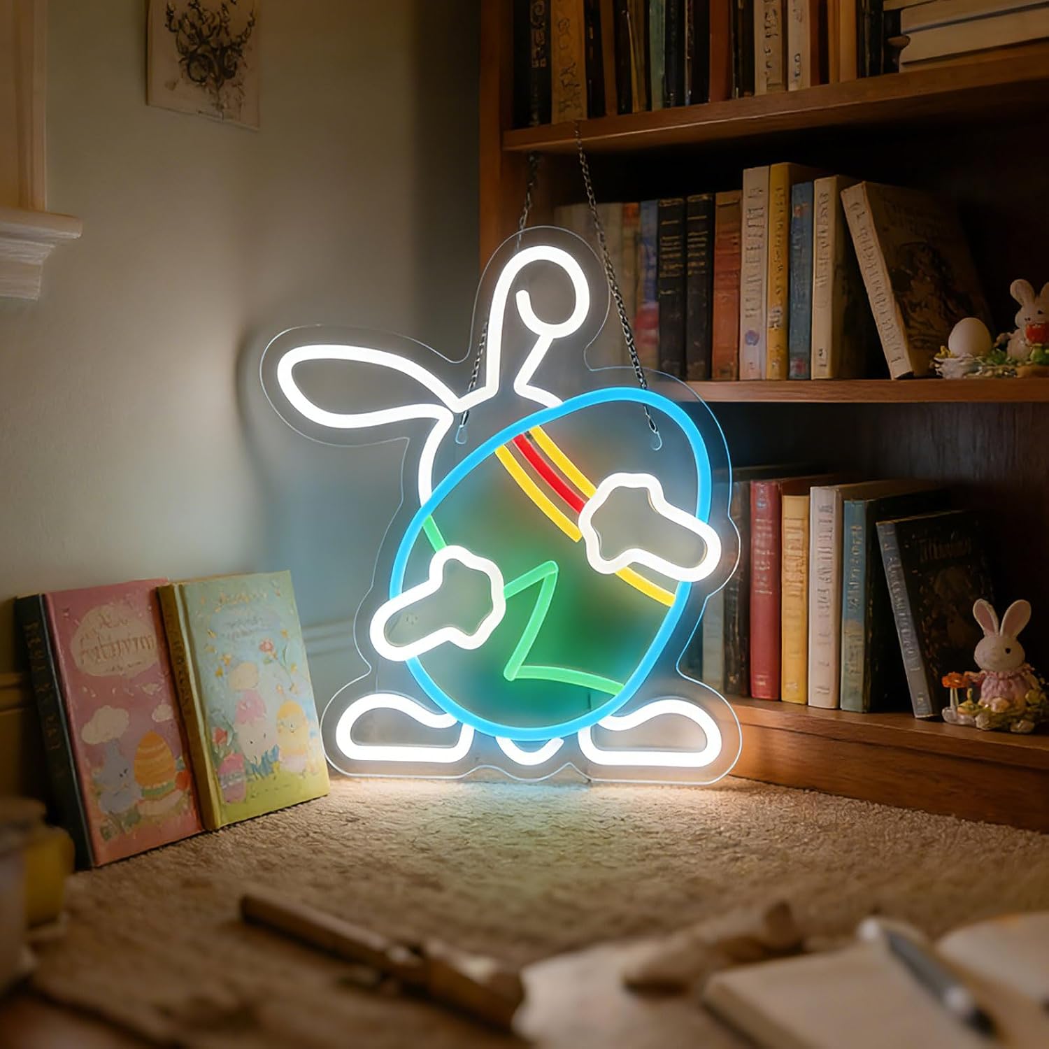 Bunny Neon Sign with Egg, LED Rabbit Night Light for Kids Bedroom, Cute Animal Wall Decor for Baby Nursery, Dimmable USB Powered Neon Wall Light for Toddler Room, Cozy Room Aesthetic Gift for Girls Boys 13*13.7in