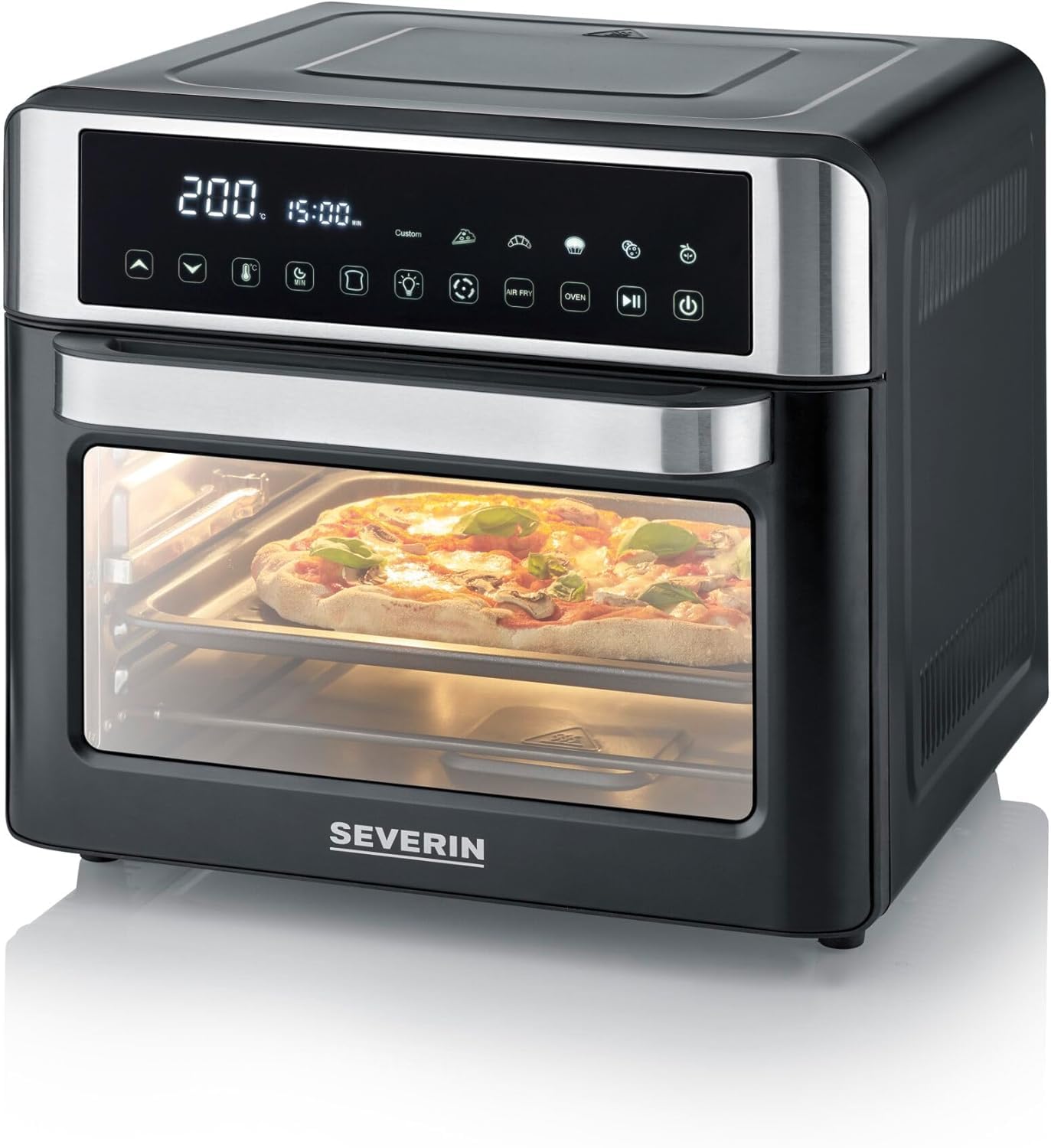 SEVERIN Forno Elettrico e Friggitrice ad Aria, 2200W, 25 Litri, 12 Programmi, Display Touch, No Pre-riscaldamento, Accessori Girarrosto, 41,0 x 45,0 x 37,0 cm, Nero/Inox - TO 9579