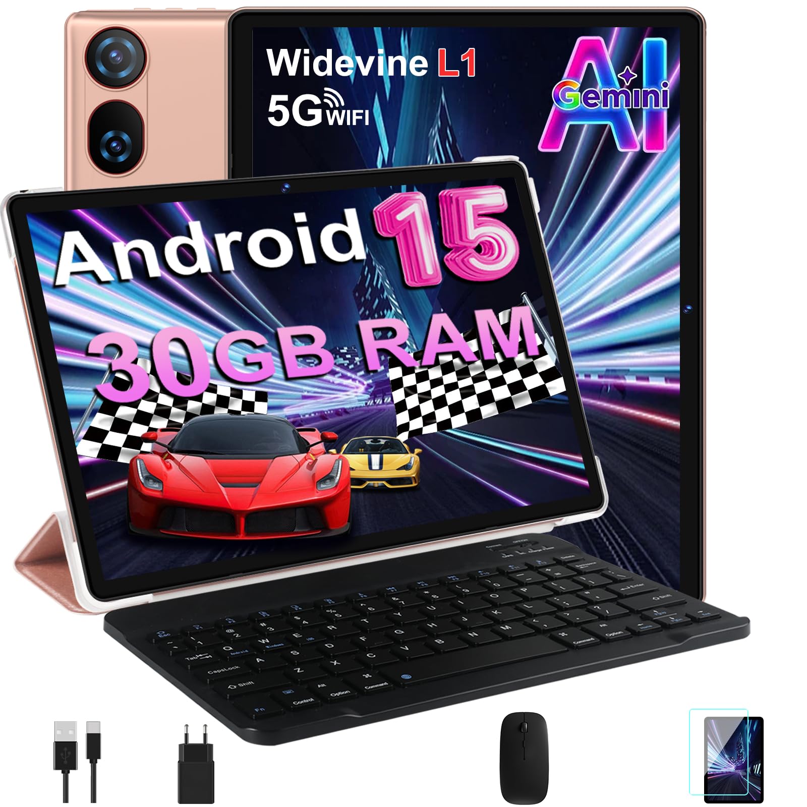 DMOAO Tablet 10 Pulgadas Android 15 con Gemini AI, 30 GB RAM + 2 TB ROM Expansión, 5G WiFi, GPS, Widevine L1, Octa-Core, BT 5.0, 6000mAh, USB-C, FHD Tablet con Teclado+ Ratón + Funda, Negro — view 8