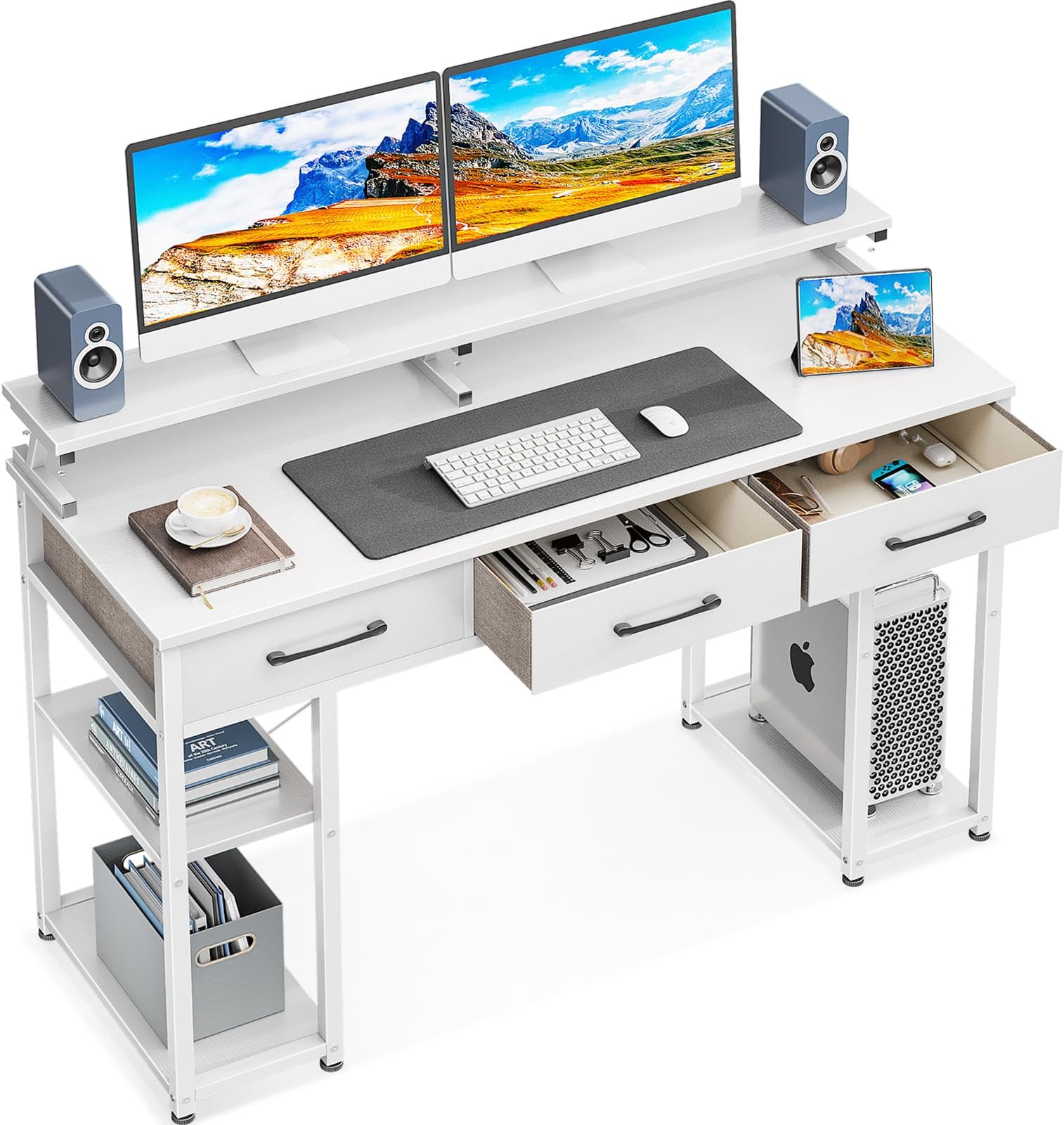 ODK Computer Desk with Drawers and Storage Shelves, 48 inch Home Office Desk with Monitor Stand, Modern Work Study Writing Table Desk for Small Spaces, White