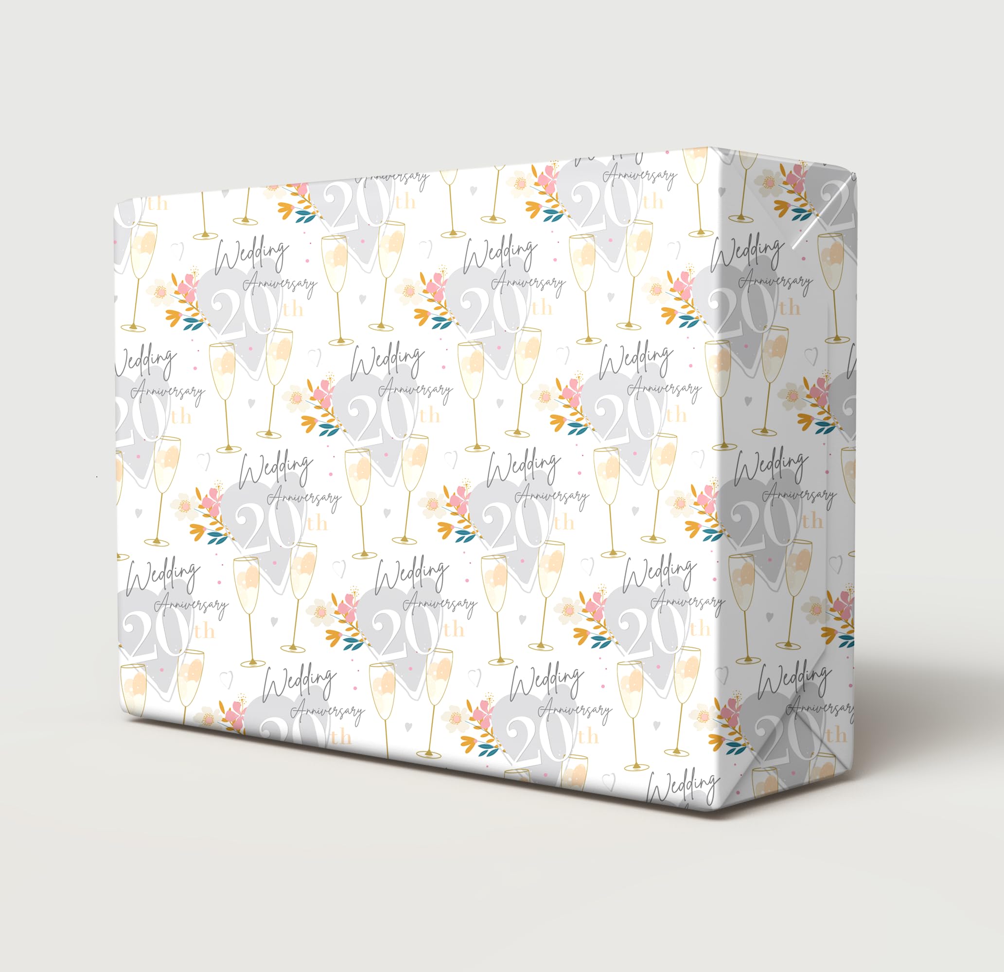 4 Sheets 4 Tags 20th Wedding Anniversary Wrapping Paper Beautiful Classy And Elegant Flowers Champagne Glasses Design Twentieth China Wedding Anniversary Giftwrap