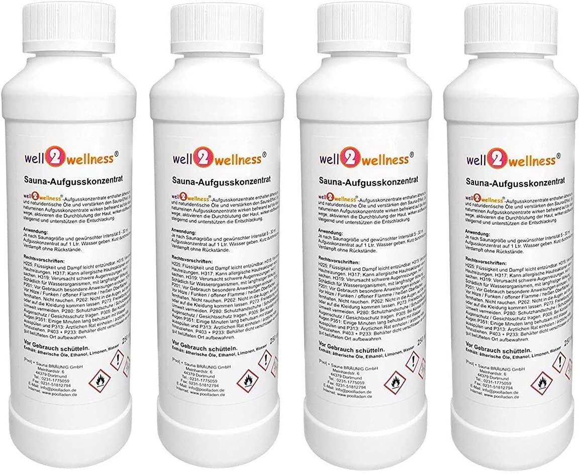 well2wellness® Saunaaufguss Set ‘Beste Wahl‘ mit 4 x 250 ml - Eukalyptus, Fichtennadel, Orange Lemongras plus gratis 10g Mentholkristalle