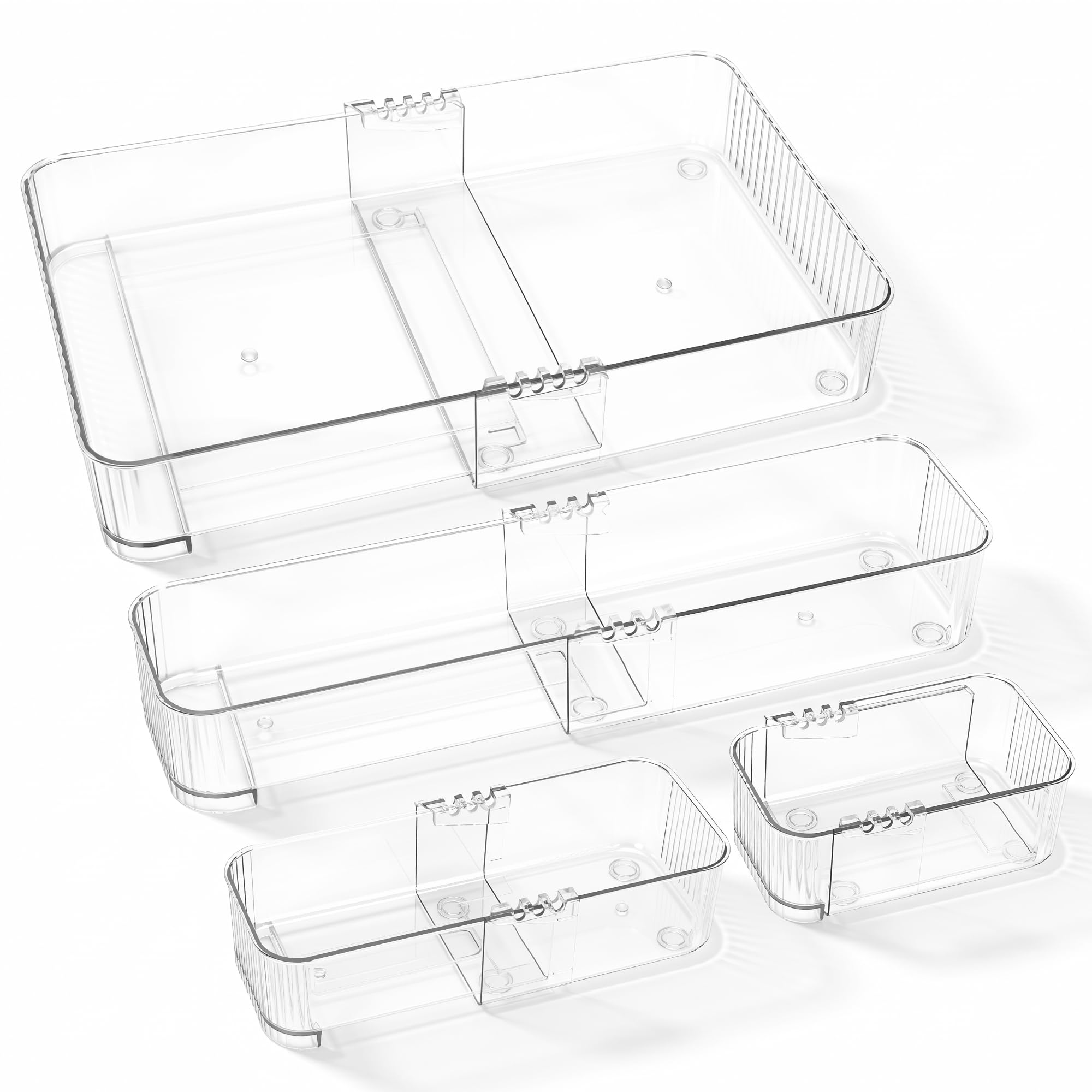 Photo 1 of 4-Piece Expandable Drawer Organizer Set, Clear Adjustable Drawer Organizer Trays, Multi-Size Storage Bins for Kitchen, Bathroom, Makeup, Desk and Office, Durable PET