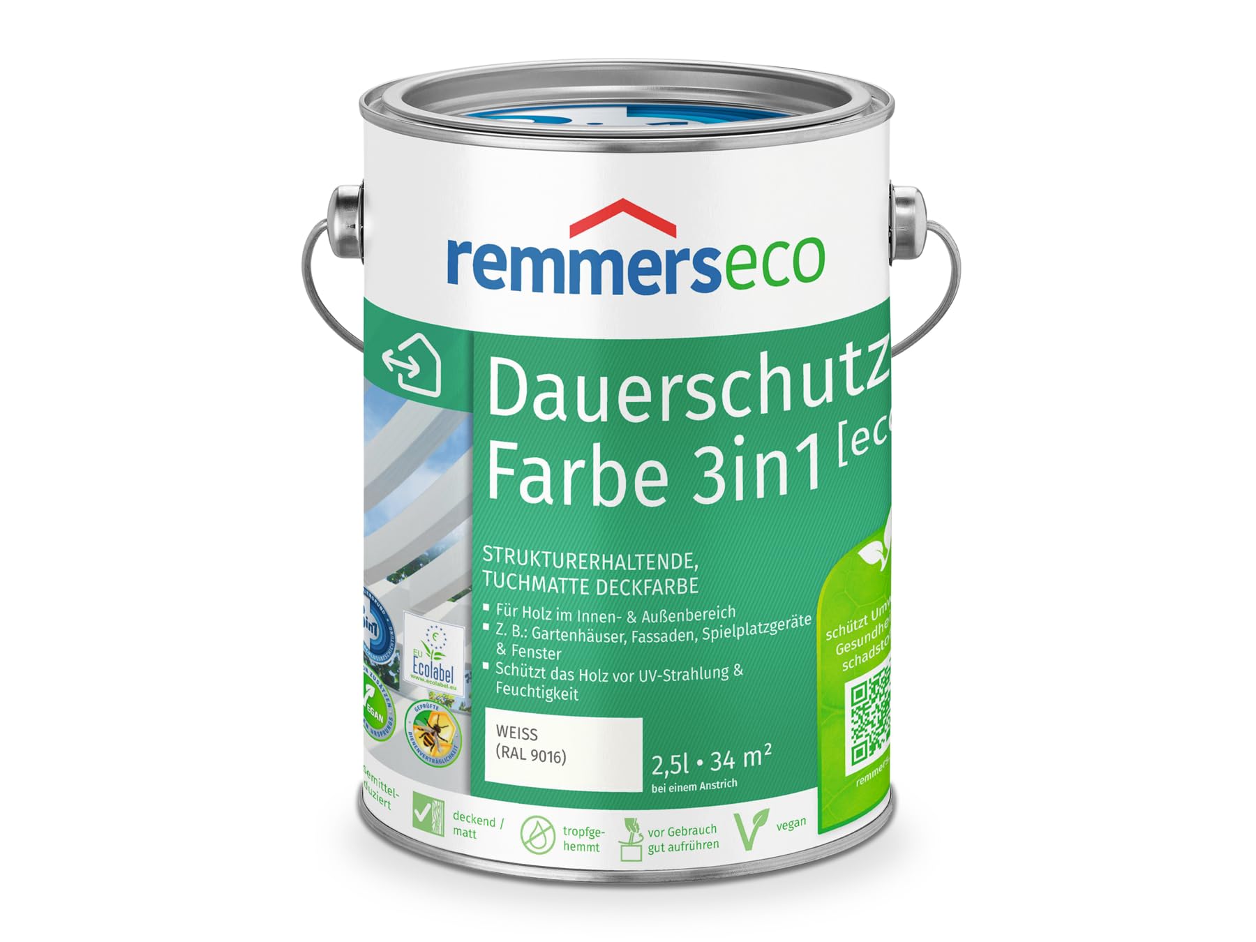 Remmers Dauerschutz-Farbe 3in1 [eco] Weiß (RAL 9016), 2,5 Liter – Innen und Außen