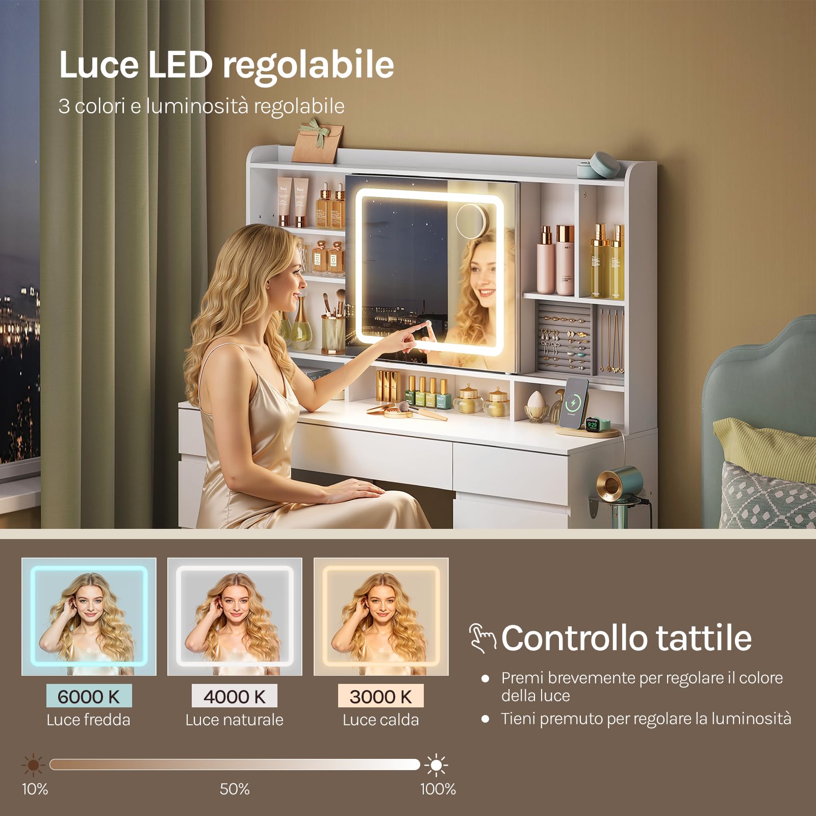 WOLTU Toeletta con Specchio Scorrevole, Luci LED Regolabili e Multipresa, Postazione Trucco con 9 Cassetti e Ripiani Portaoggetti, Grande Specchio, per Camera da Letto, Bianco