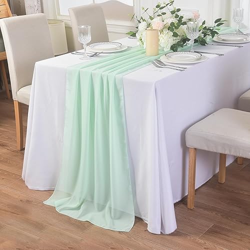 Miniatura 2 de Paquete de 6 caminos de mesa de gasa verde menta de 10 pies, camino de mesa de tul transparente de 29 x 120 pulgadas, camino de mesa romántico para
