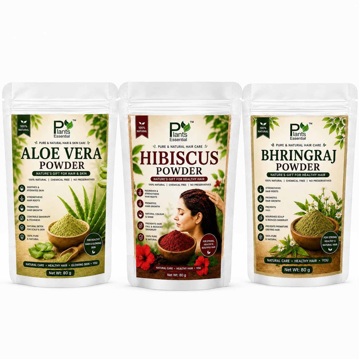 Aloe Vera, Hibiscus & Bhringraj Powder Combo for Hair Care | 100% Natural Herbal Powder | Supports Healthy Looking, Soft & Shiny Hair | Chemical-Free | 80g Each (Pack of 3, Total 240g)-image-45
