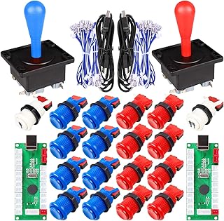 Fosiya 2 Player Arcade Game DIY Kits Ellipse Oval Happ Type Joystick Hanlde + 18x American Style Arcade Push Buttons (Includ 1p / 2p Start Buttons) (Red & Blue)