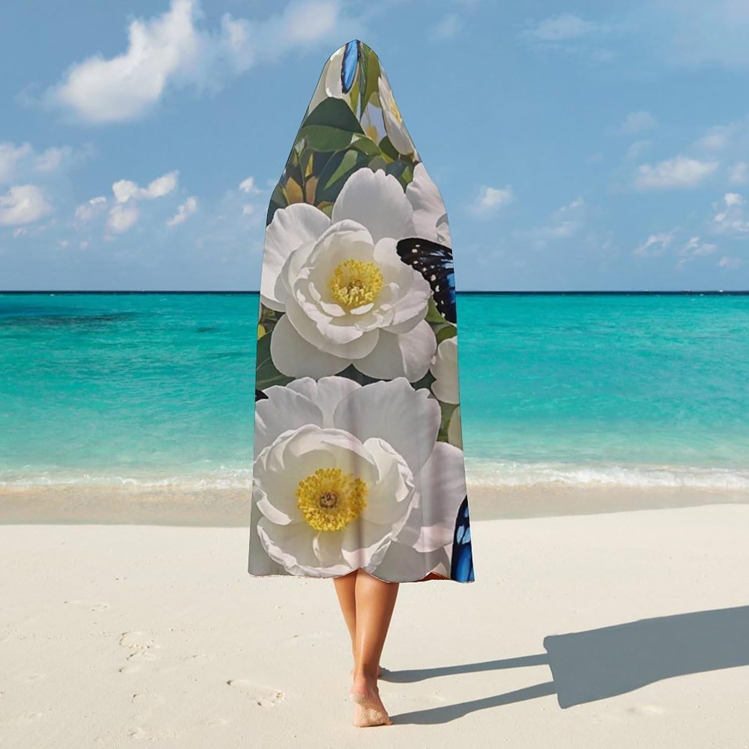 Blue Butterfly Wearable Hooded Blanket, Ultra Soft Arctic Velvet Cape Cloak Unisex - Cozy Wearable Blanket