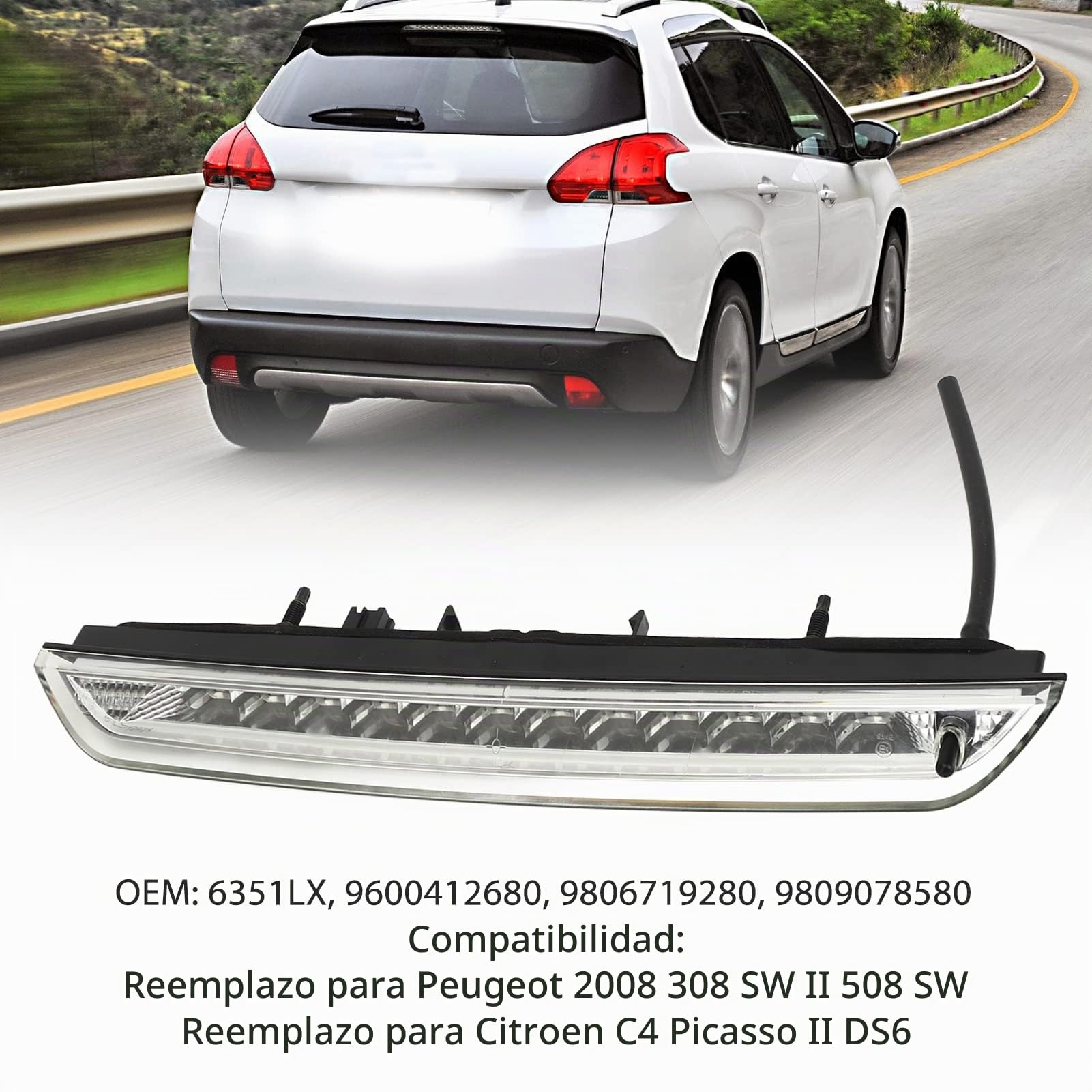 Ymiko Reemplazo de Luz de Freno de Montaje Alto de 15W para 2008 308 SW II 508 SW, 12V 6351LX Tercera Lámpara de Freno Luz de Freno de Montaje Alto Impermeable, Tercera Luz de
