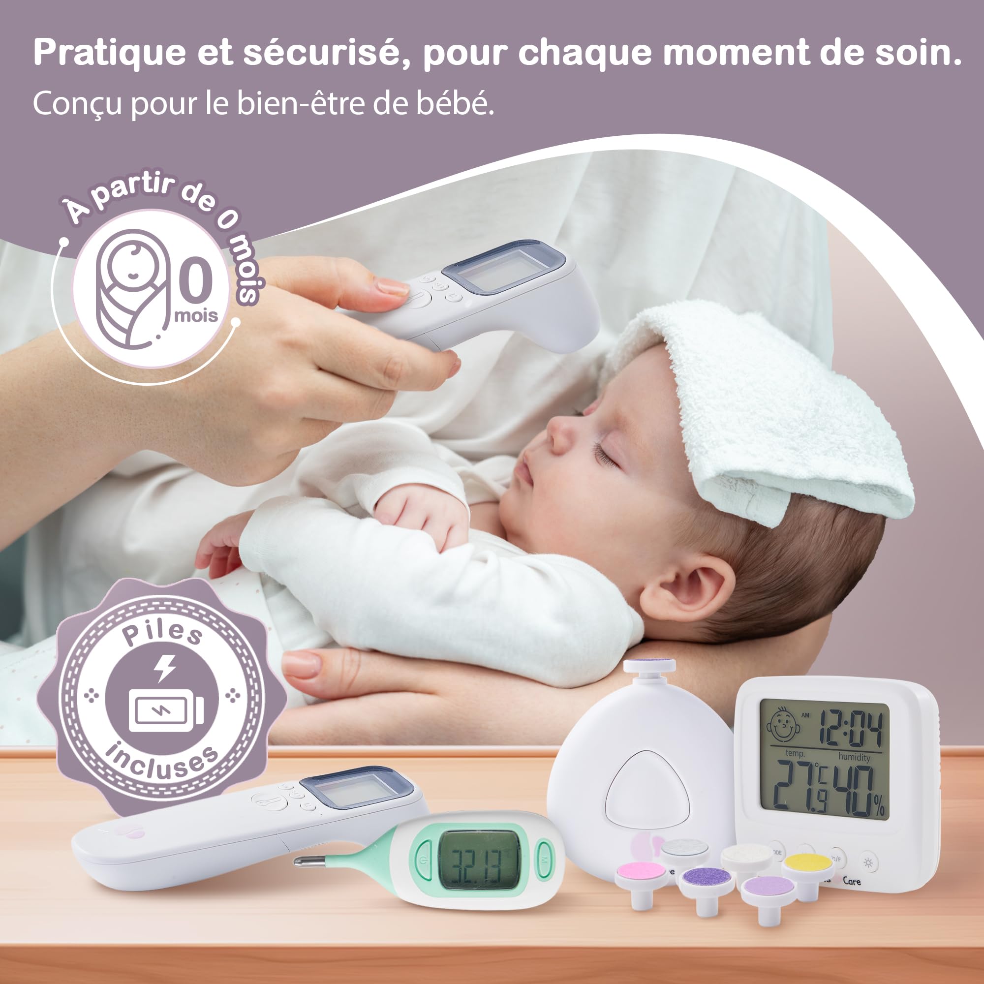 Trousse de toilette soin bebe : thermomètre frontal, mouche bebe seringue nasale, thermometre interieur et bain, lime ponceuse ongles, coffret naissance complet (Thermométre de bain rose)