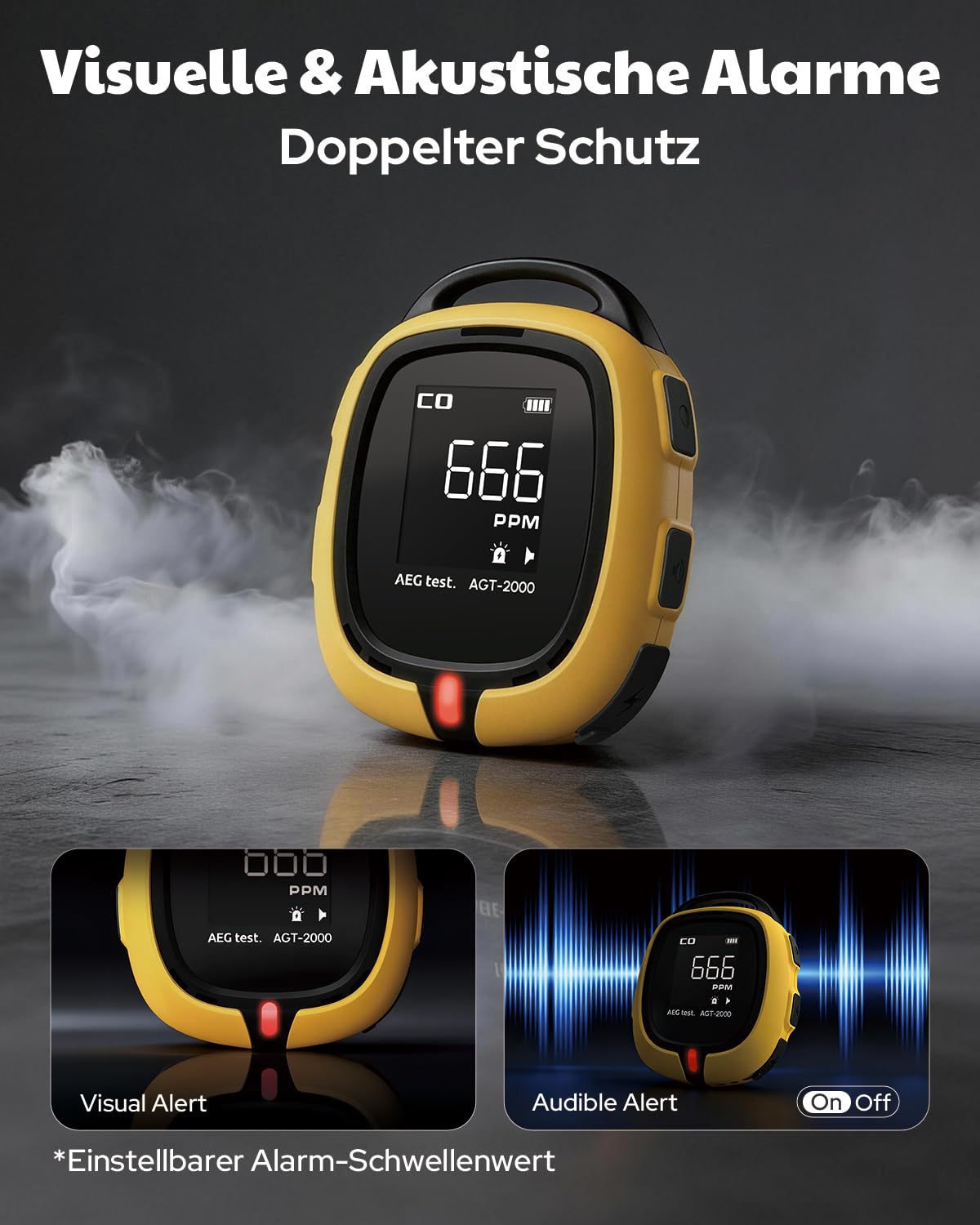 AGT-2000 Tragbarer Kohlenmonoxid-Detektor, 240 Stunden Standby, CO-Detektor mit Akustischen & Visuellen Alarmen für Camping&Reisen, CO-Messgerät mit integrierter Notfalltaschenlamp