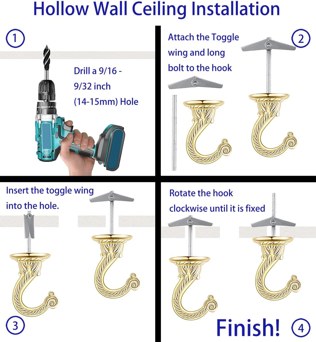 2 Sets Large Swag Ceiling Hooks Heavy Duty Swag Hook with Hardware for Hanging Plants Ceiling Installation Cavity Wall Fixing (2 Sets Gold)