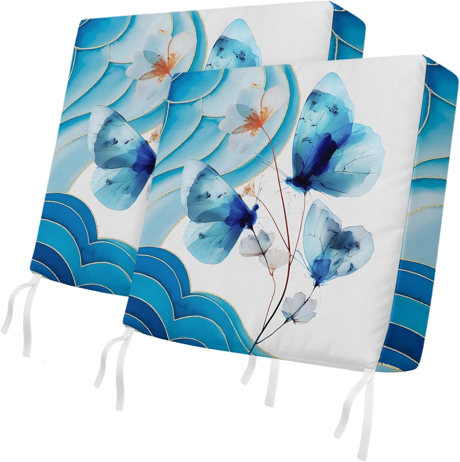 Outdoor Waterproof Cushion Covers Watercolor Flower Butterfly Replacement Seat Slipcover for Patio,Abstract Ocean Wave Stripes Chair Couch Sofa Covers Furniture Protector Set of 2,22x20IN