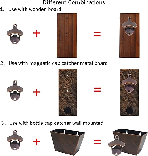 Miniatura 4 de 12 piezas de abrebotellas rústico montado en la pared a granel, abridor de tapas de cerveza de pared de acero inoxidable para bricolaje de madera
