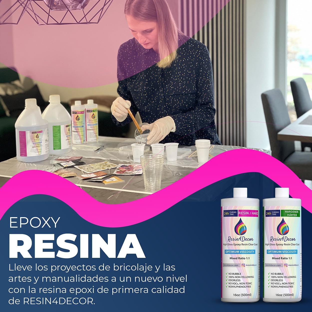Resina Epoxi Transparente RESIN4DECOR 1:1 Para Manualidades Artesanía Fabricación de Joyas Moldes No es Amarillento No es Tóxico Acabado de Alto Brillo de Curado de 24 horas Inodoro - 2000ml