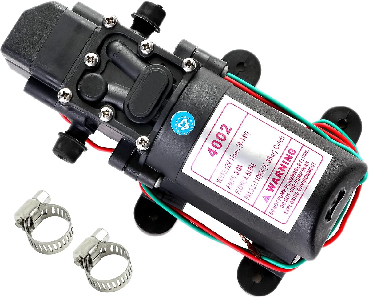 G Ganen 12V DC Fresh Water Pump with 2 Hose Clamps 12 Volt Diaphragm Pump Self Priming Sprayer Pump with Pressure Switch 4.5 L/Min 1.2 GPM 110 PSI Adjustable for RV Camper Marine Boat Lawn