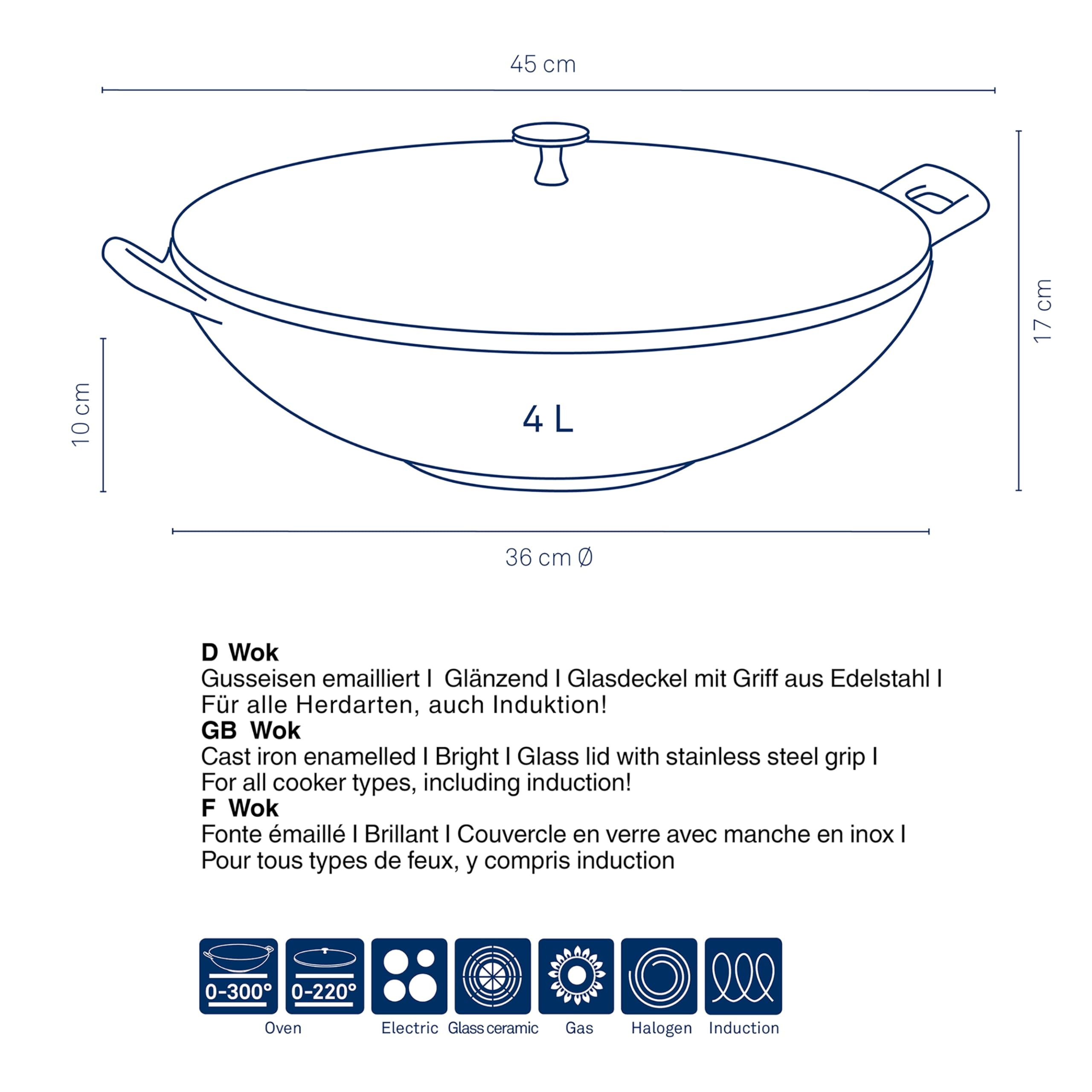kela Wok Calido, Durchmesser 36 cm, 4 L, Gusseisen, schwarz, Allherdboden, rau emailliert, Glasdeckel mit Edelstahlgriff, 12475