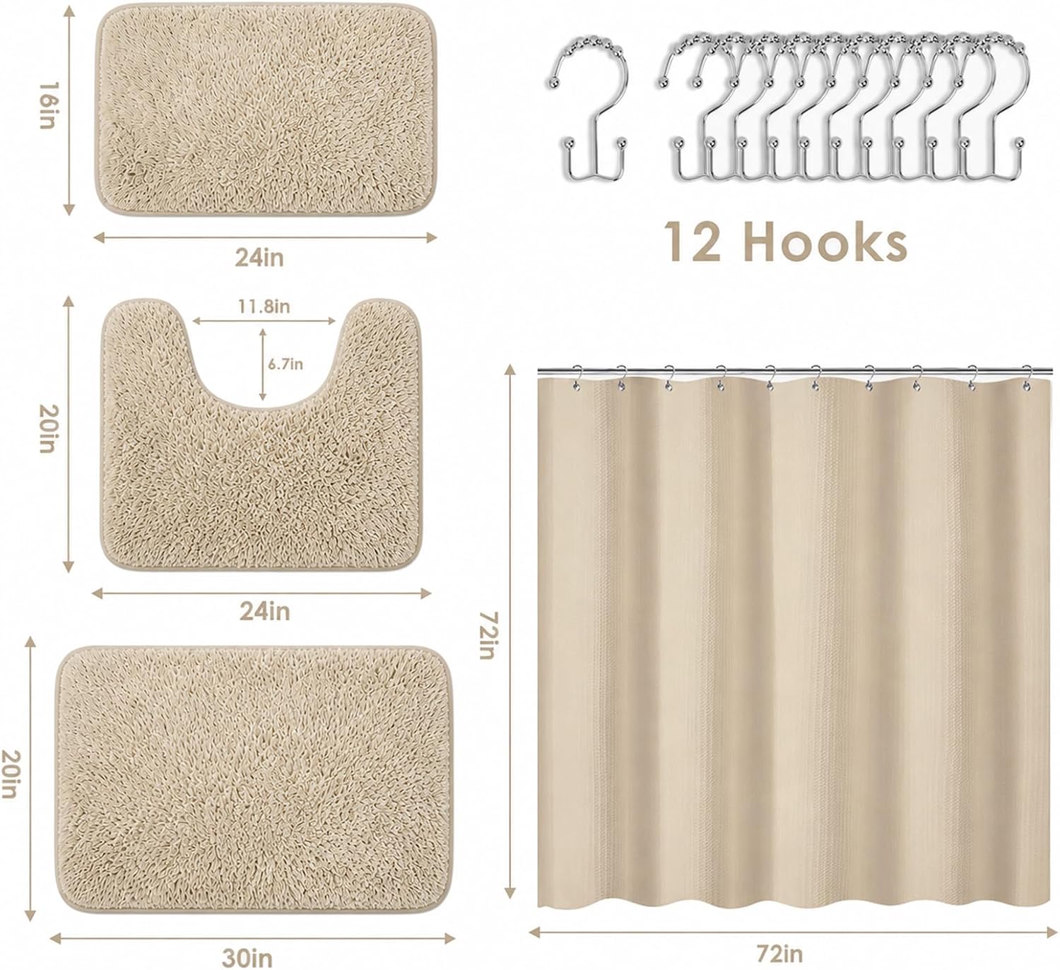 Britimes Bathroom Sets with Shower Curtain and Rugs Set of 4 Modern Beige