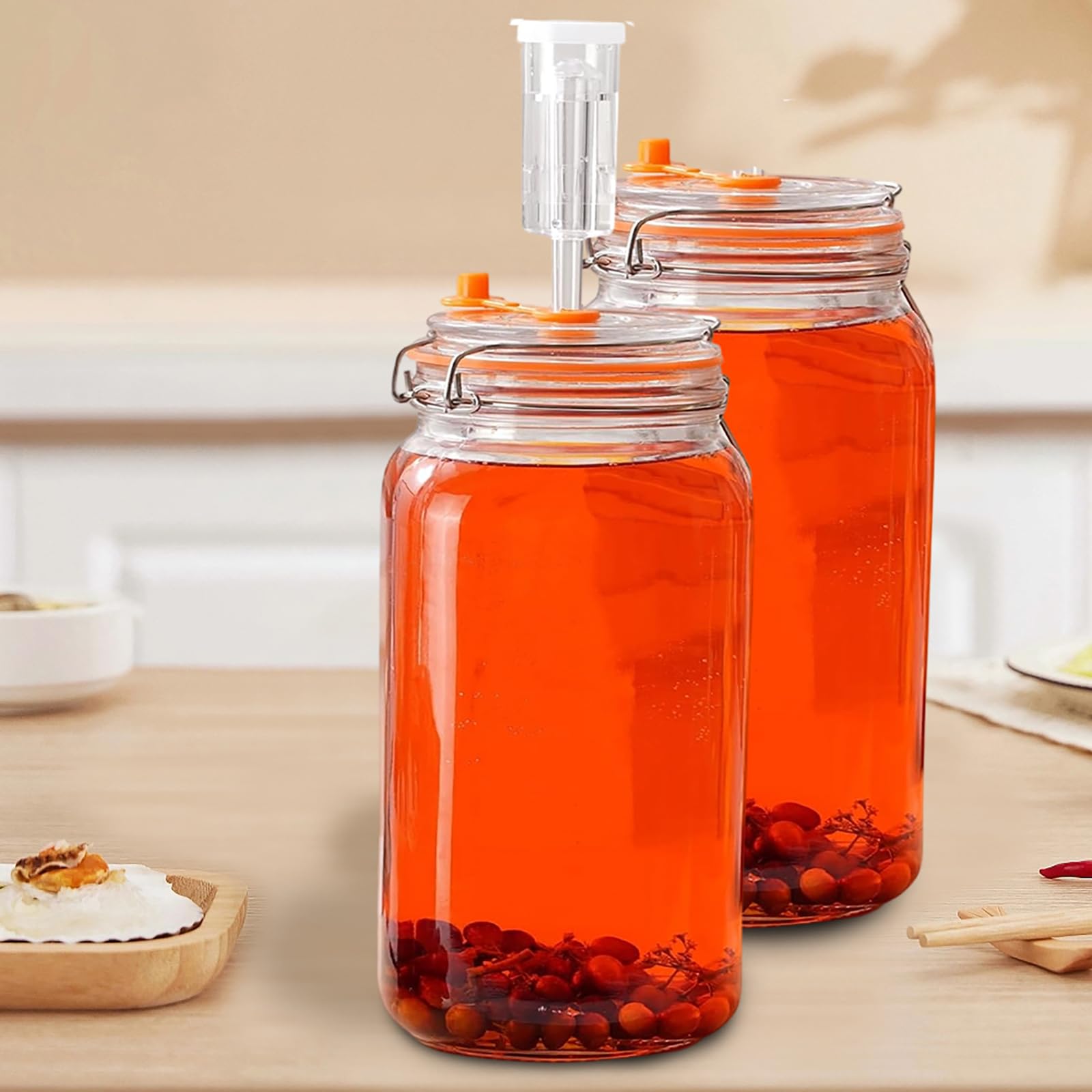 Lot de 2 bocaux de fermentation de 2 l/64 oz, avec valve de fermentation, large bouche, verre de fermentation avec poids, kit de fermentation pour kimchi, choucroute, kéfir, légumes