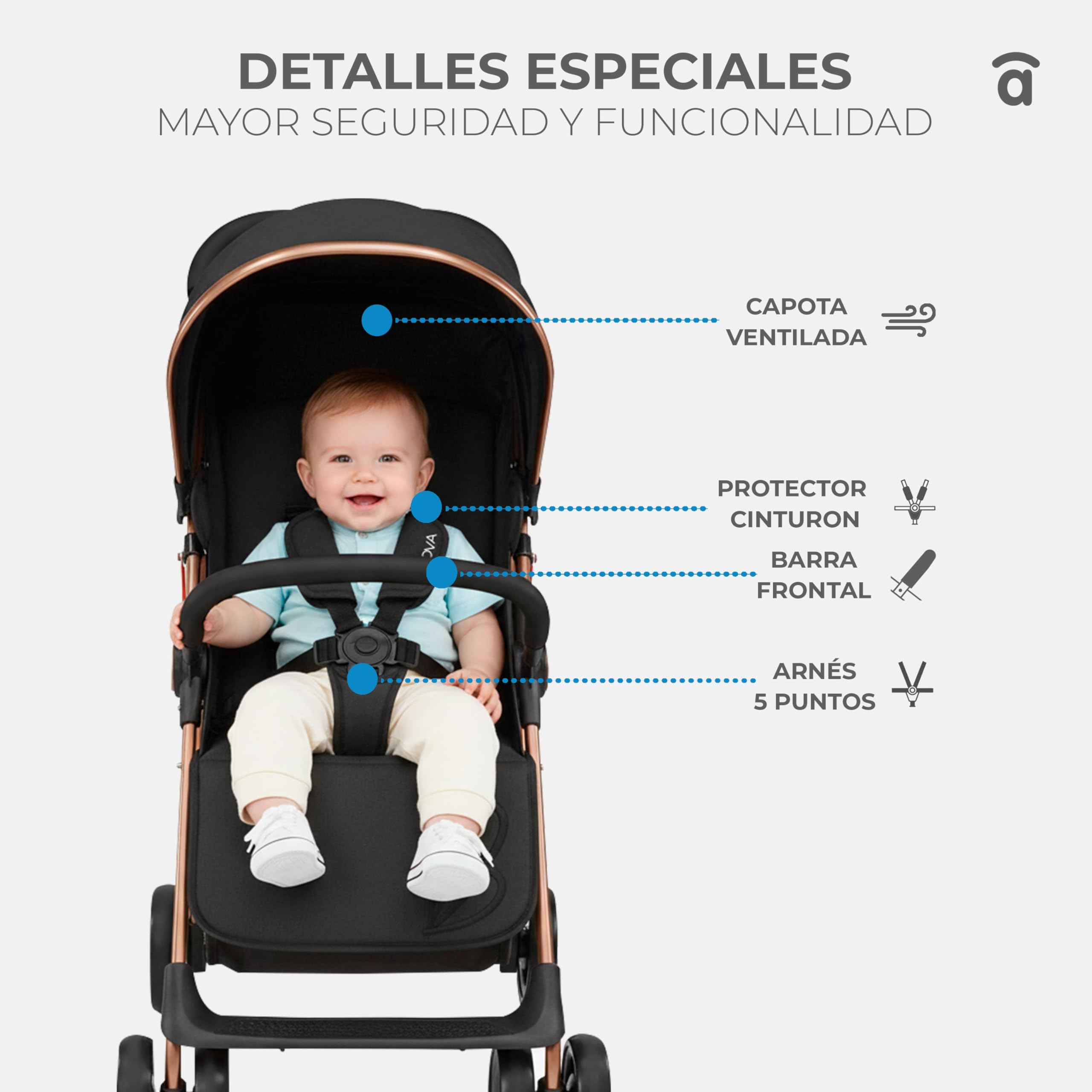 Silla de Paseo Ligera y Compacta para Bebé desde Nacimiento, Carrito Bebé Ultraligero 5,5 kg con Respaldo Reclinable, Capota Extensible, Arnés 5 Puntos y Suspensión – Asalvo NOVA Dorado