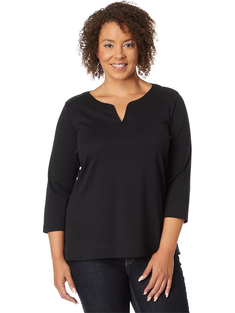 Black L.L.Bean Plus Size Pima Tops Split-Neck Tunic 3/4 Sleeve
