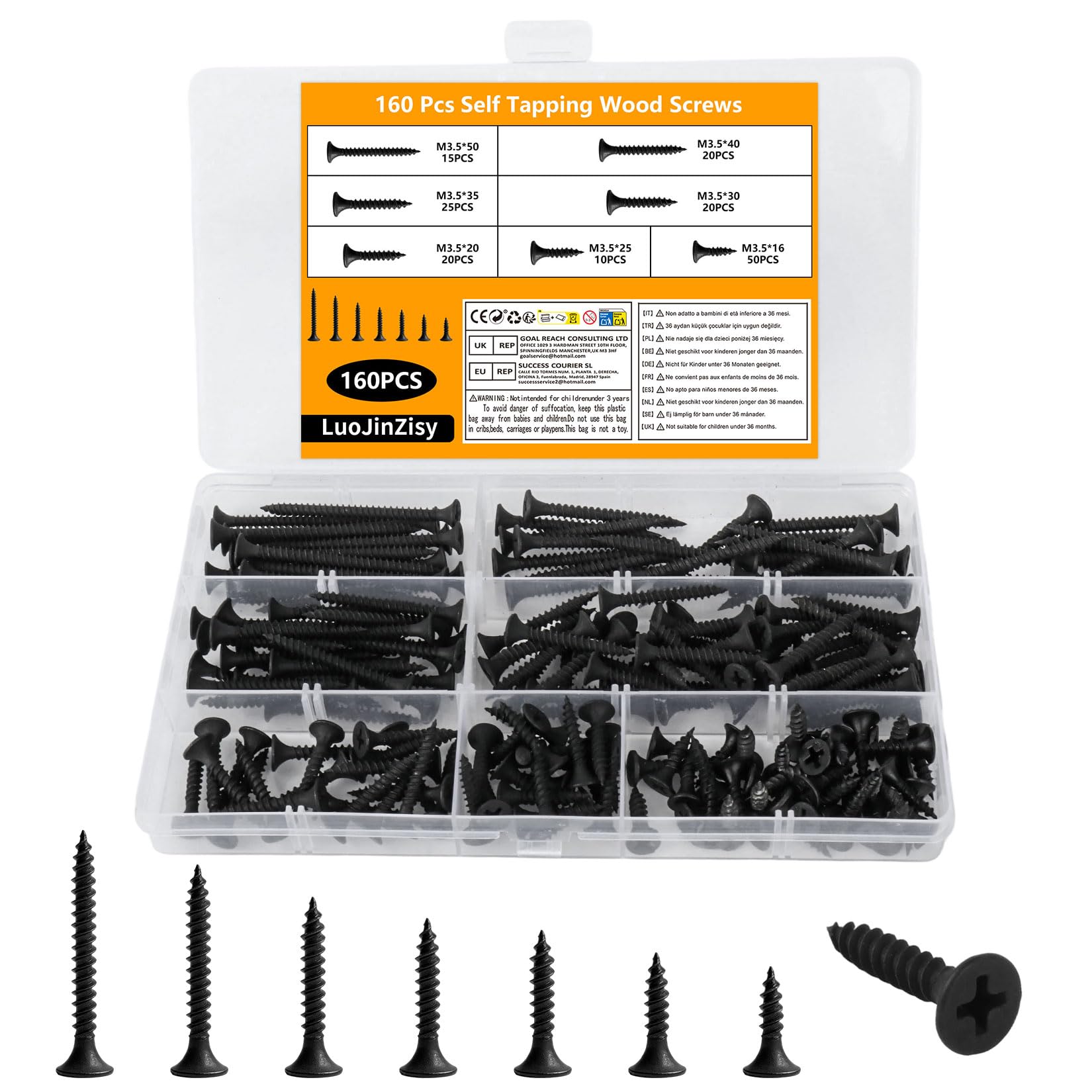160 PzViti per Legno M3.5, Assortimento di Viti Autofilettanti Nere, Set di Viti a Testa Svasata Piatta per Legno, Cartongesso, Mobili e Riparazioni fai da te