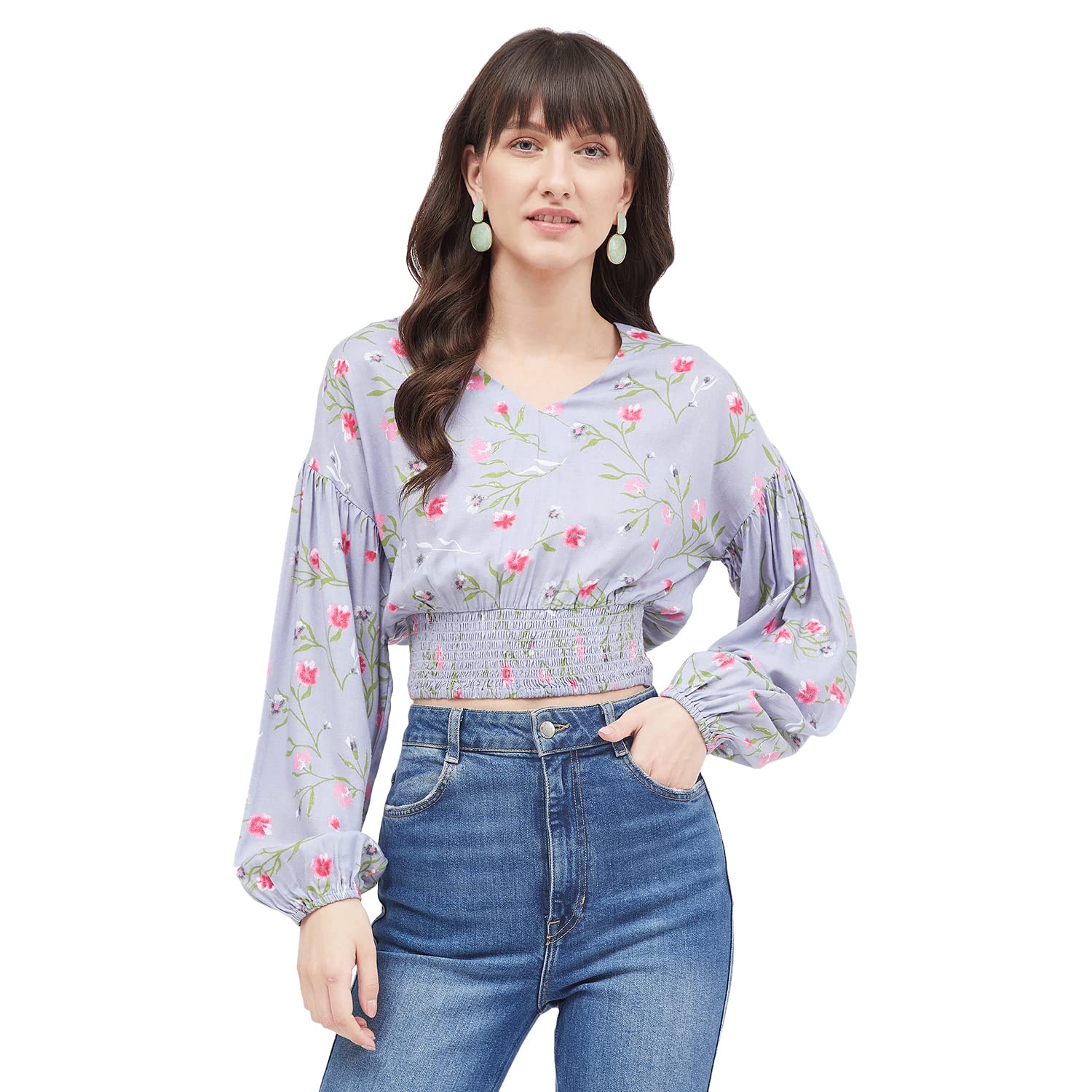 kibo Casual Women's Floral Polyester V Neck Top Lavender-picture-21