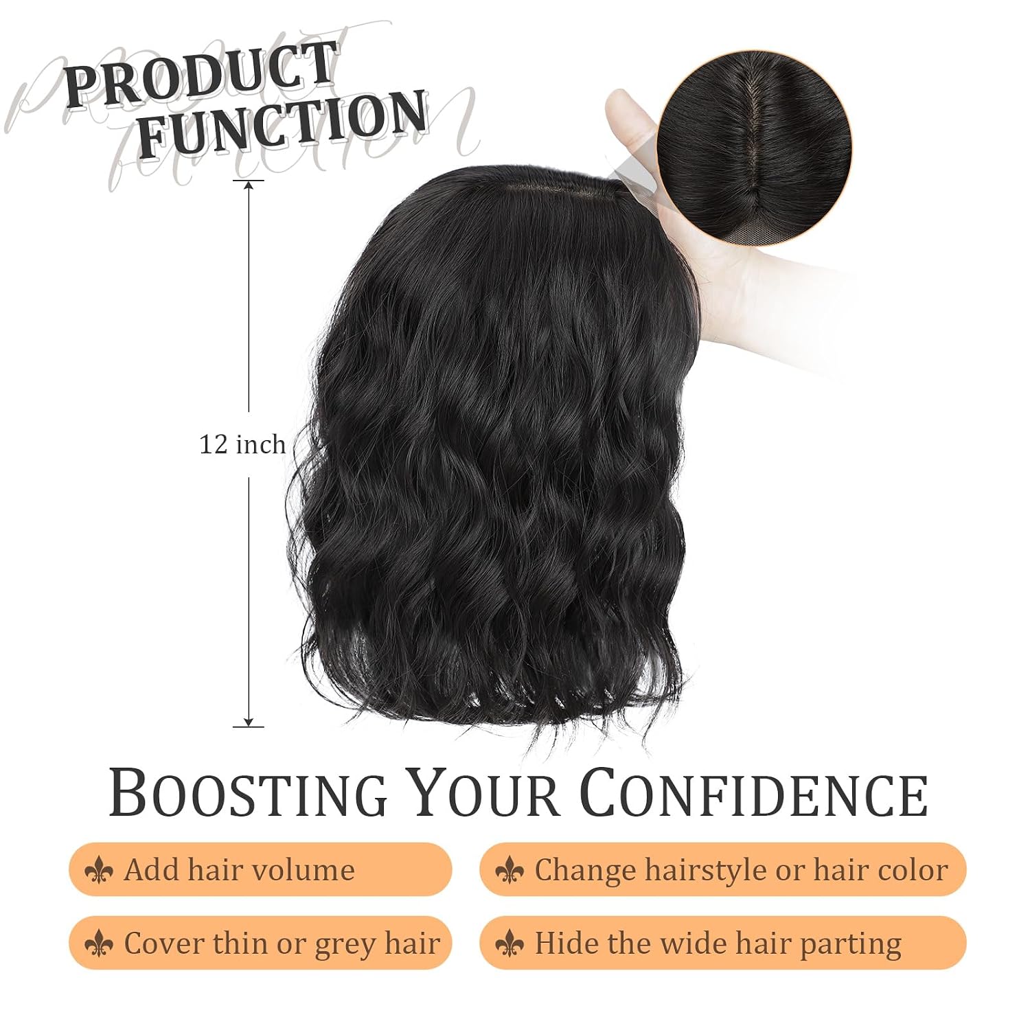 Lommel Hair Toppers for Women 12 Inch Short Wavy Hair Topper with Thinning Hairs Natural-Looking Wiglett Lightweight & Add Volume Hairpiece for White Roots Cover for Daily(Natural Black)