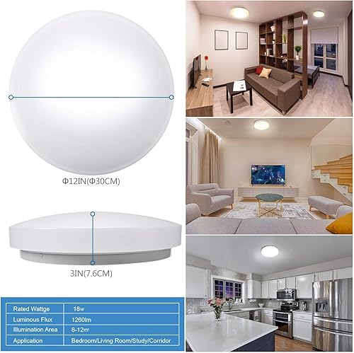 Miniatura 8 de JACKYLED Lámpara de techo LED de montaje empotrado, 12 pulgadas, 18 W, con certificación UL, IP44, clasificación de humedad, regulable, para cocina,