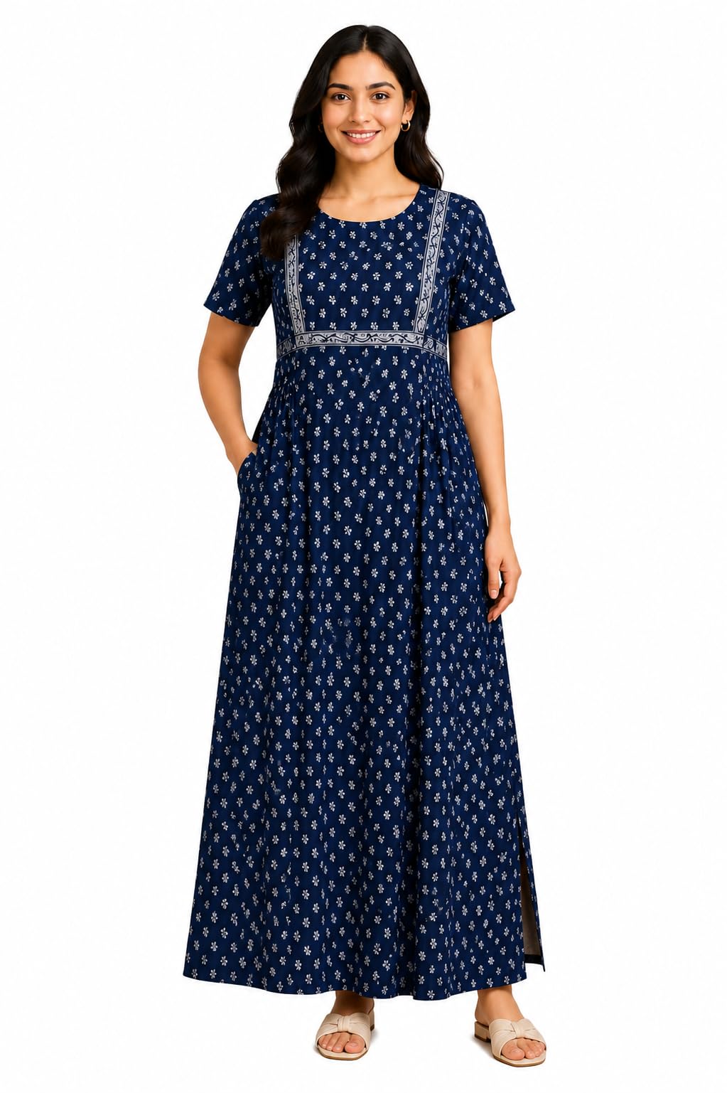 Women's Pure Jaipur Cotton Feeding Nighty | Premium Maxi Dress | Invisible 9 Inch Center Zip | Side Pocket | Adjustable Back Tie | Soft Breathable | 54 Inch Length-picture-40