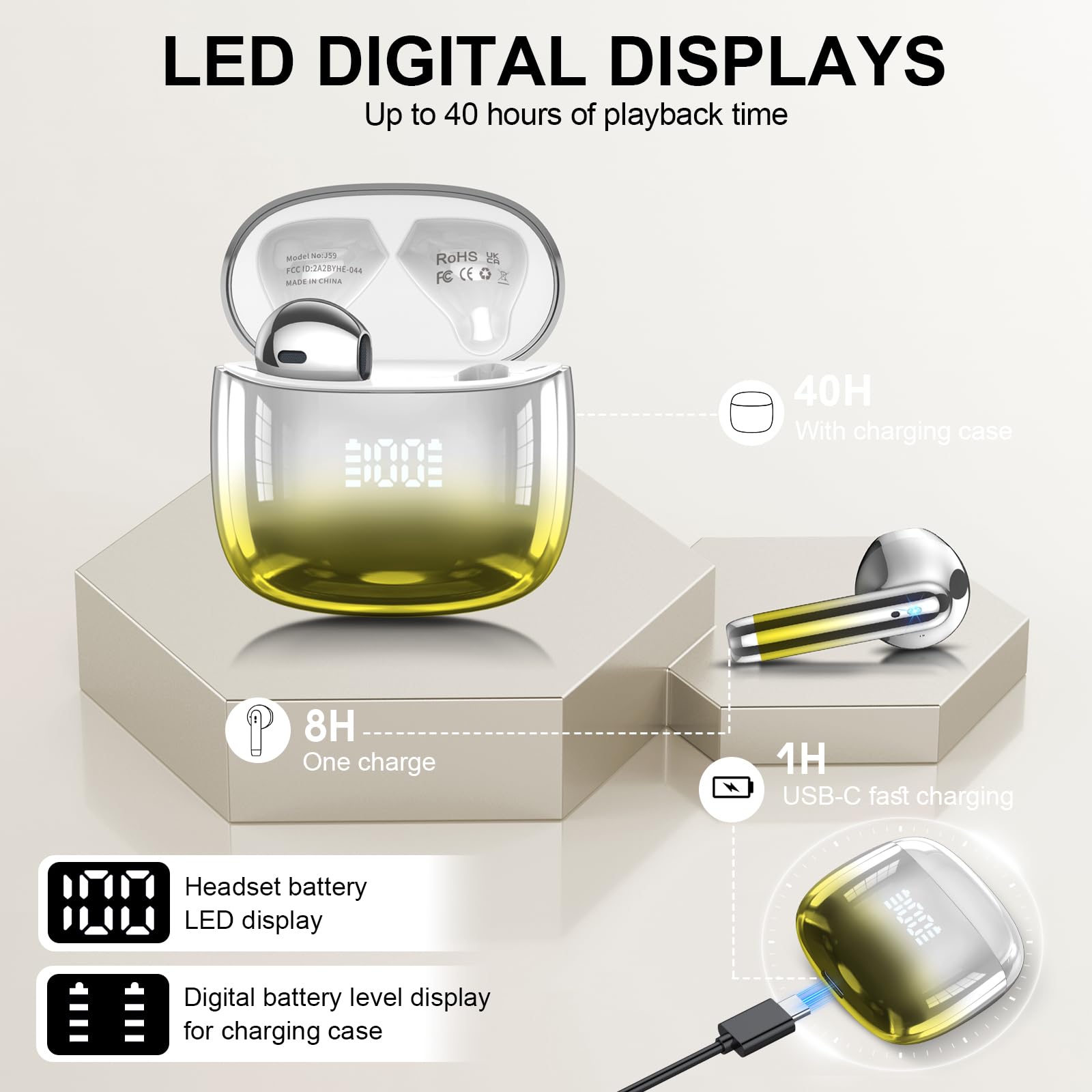 Cuffie Bluetooth, Auricolari Bluetooth 5.3 Incorporato Driver da 13mm, Cuffie Wireless con Bassi Icmmersivi, IP7 Impermeabili Cuffiette Bluetooth, 40H Cuffie Senza Fili con Display LED, Giallo - Vista 4