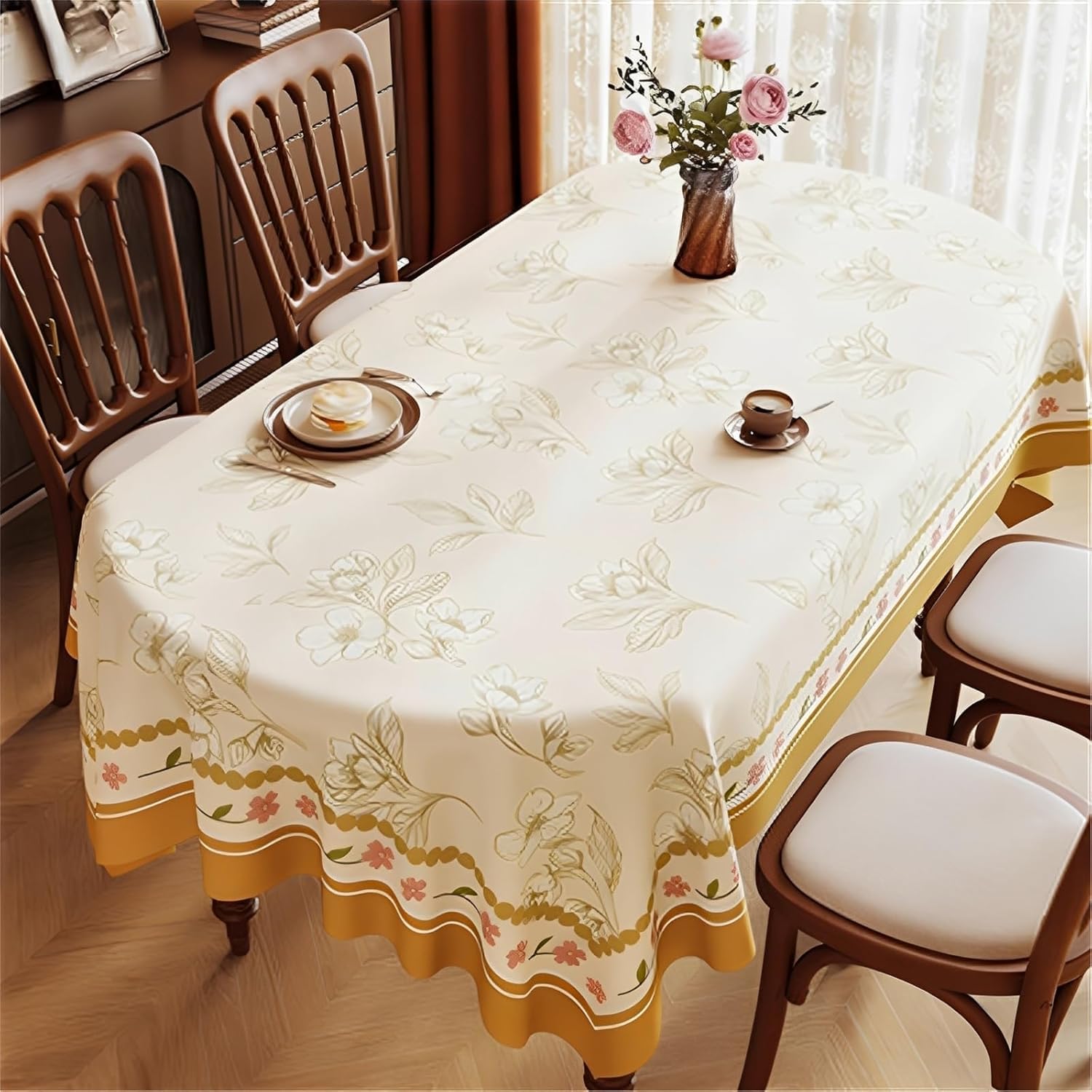 KIJyfgTR Floral-print, Wipe-clean Oval Tablecloth Ideal For Outdoor Garden Parties(Yellow,140x180cm)