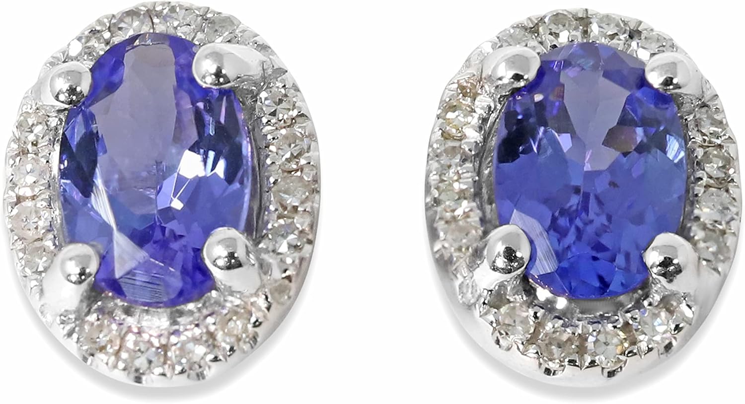 14K White Gold Genuine Tanzanite 3/4 Ct Oval Stud Earrings with Diamonds