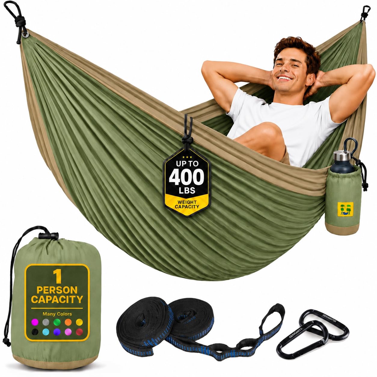 Durable Hammock 400 lb Capacity, Nylon Camping Hammock Chair - Double or Single Sizes w/Tree Straps and Attached Carry Bag - Portable for Travel/Backpacking/Beach/Backyard (Medium, Khaki &amp; Army Green)